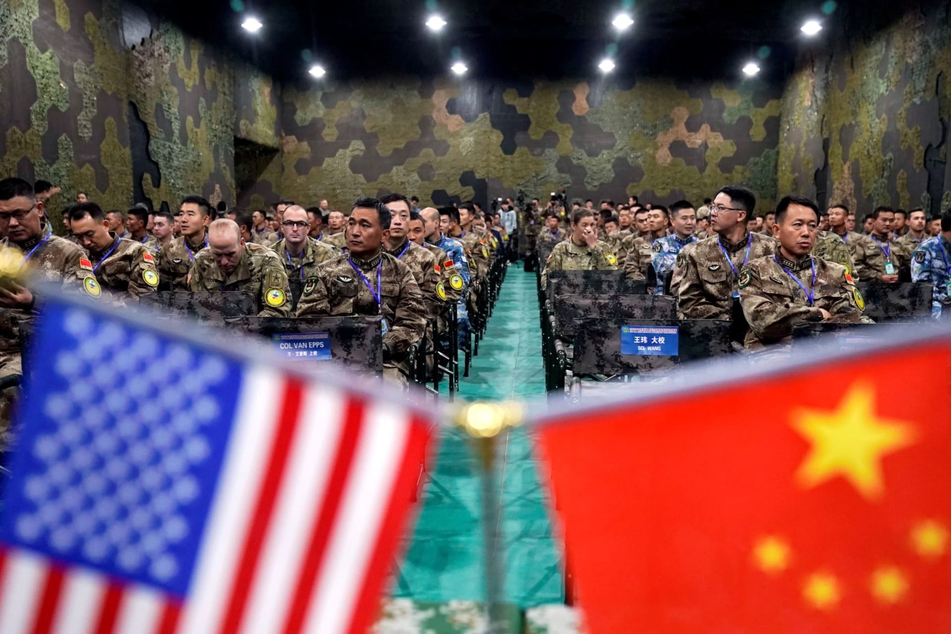 <p>U.S. Army and China’s People’s Liberation Army military personnel attend a closing ceremony of an exercise of “Disaster Management Exchange” near Nanjing, Jiangsu province in China on November 17, 2018. </p>
