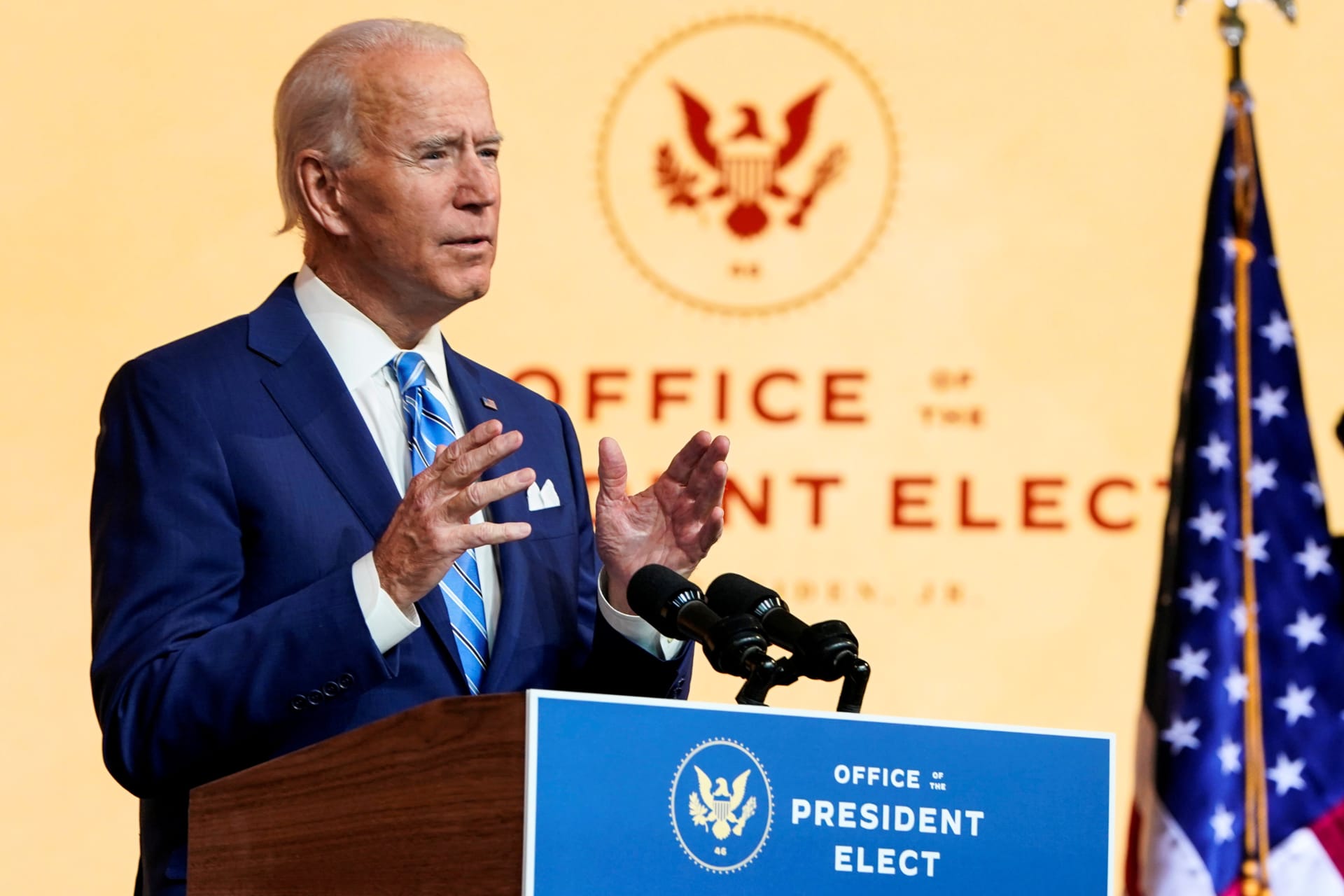 <p>U.S. President-elect Joe Biden delivers a pre-Thanksgiving speech at his transition headquarters in Wilmington, Delaware, U.S., November 25, 2020.</p>
