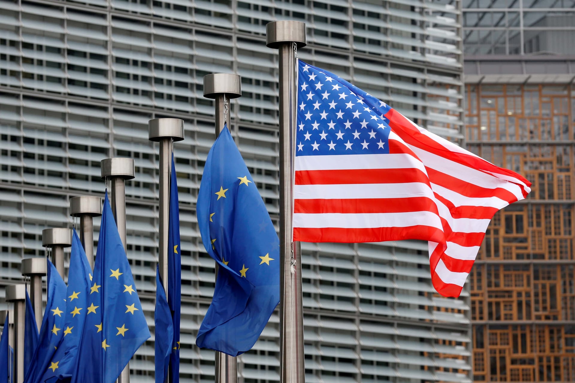 <p>U.S. and European Union flags are pictured during the visit of Vice President Mike Pence to the European Commission headquarters in Brussels, Belgium February 20, 2017.</p>