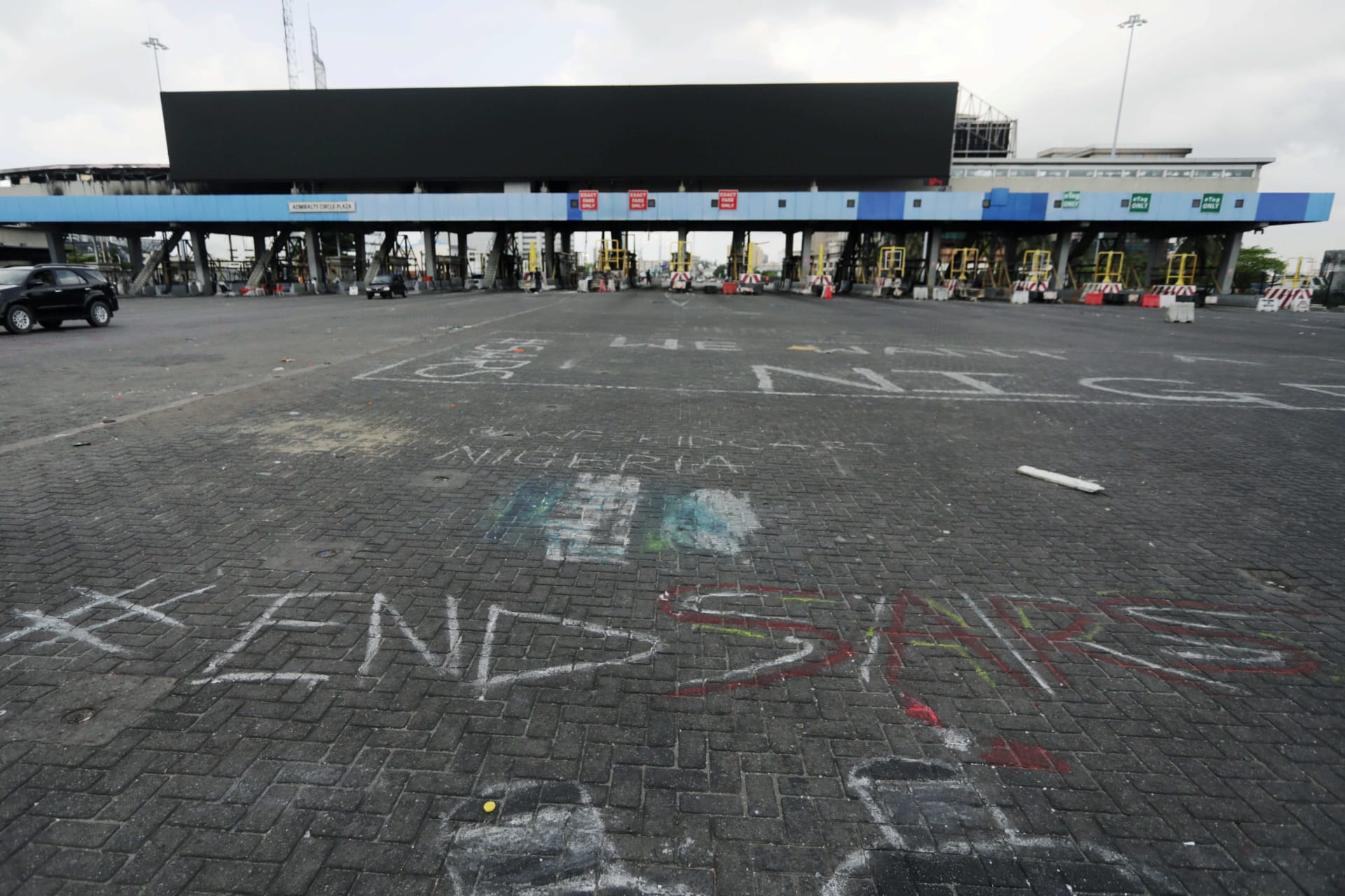 <p>‘End Sars’ drawing, referring to the Special Anti-Robbery Squad police unit, is pictured at the Lekki toll gate after days of unrest in Lagos, Nigeria on October 24, 2020.</p>
