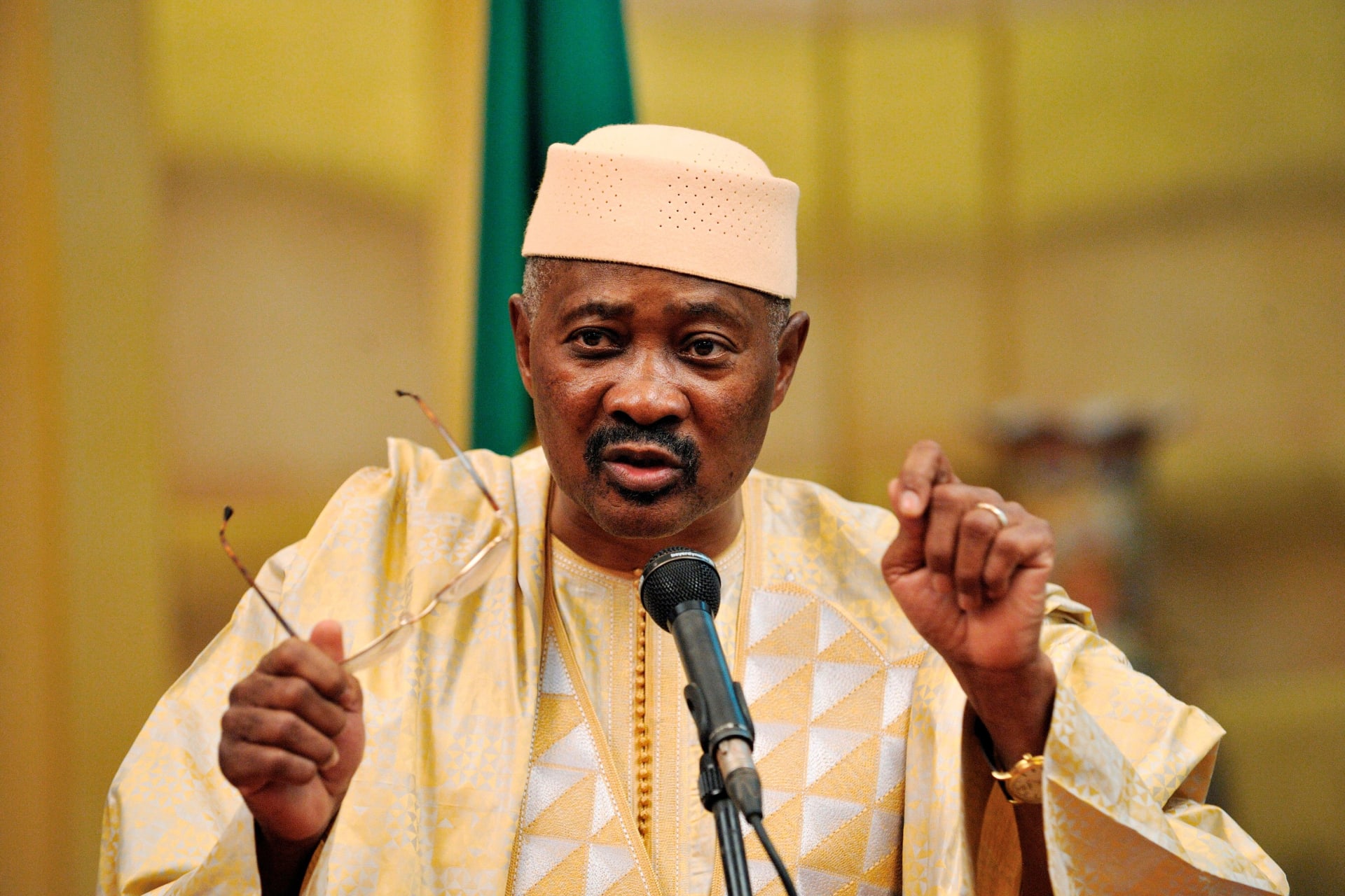 <p>Mali’s President Amadou Toumani Toure holds a news conference with France’s President Nicolas Sarkozy (unseen) at the presidential palace in Bamako on February 25, 2010 after French hostage Pierre Camatte was released.</p>
