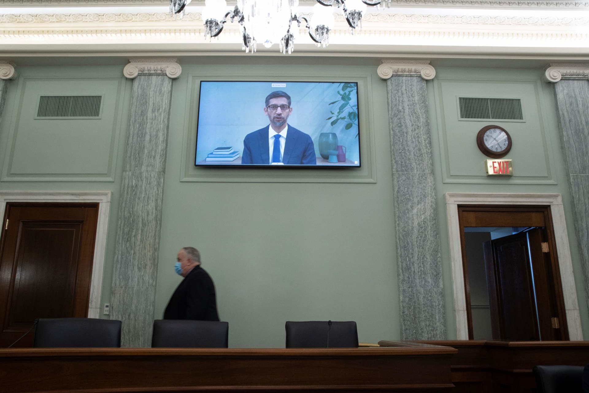 <p>CEO of Google and Alphabet Sundar Pichai appears on a monitor as he testifies remotely during the Senate Commerce, Science, and Transportation Committee hearing on Section 230.</p>

