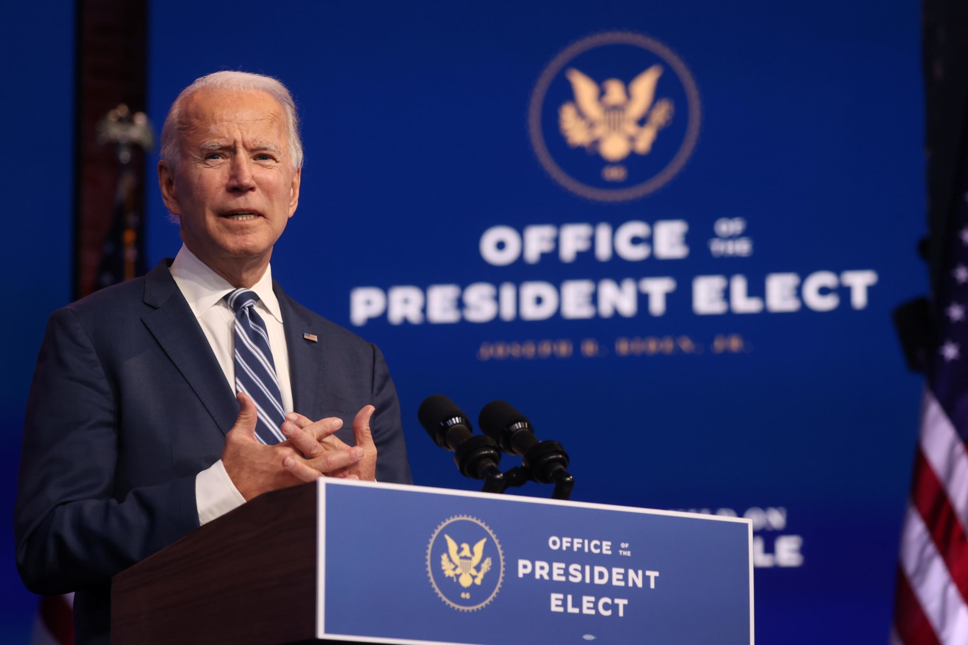 <p>President-Elect Joe Biden speaks at a news conference in Wilmington, Delaware, on November 10, 2020.</p>
