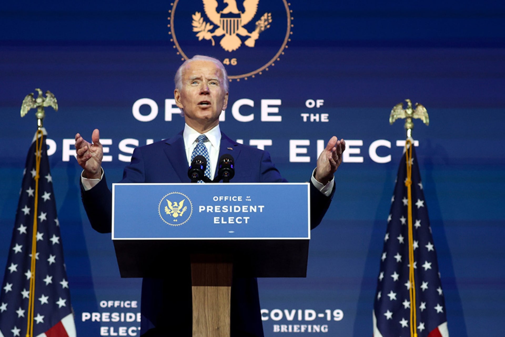 <p>President-Elect Joe Biden speaks to reporters about efforts to combat the COVID-19 pandemic.</p>
