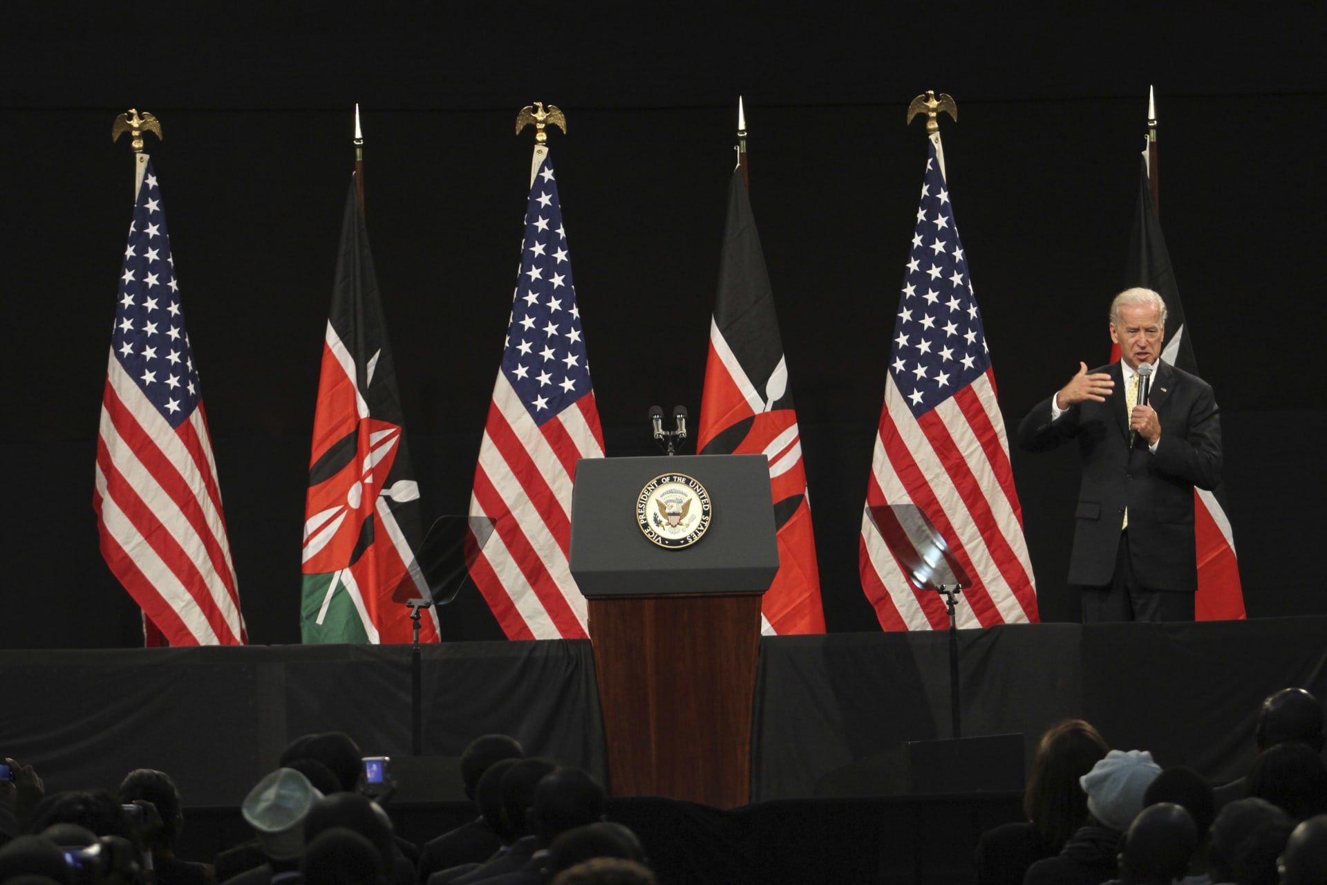 <p>U.S. Vice President Joe Biden addresses a public forum at the Kenyatta International Conference Centre on his third day in the Kenyan capital Nairobi on June 9, 2010.</p>
