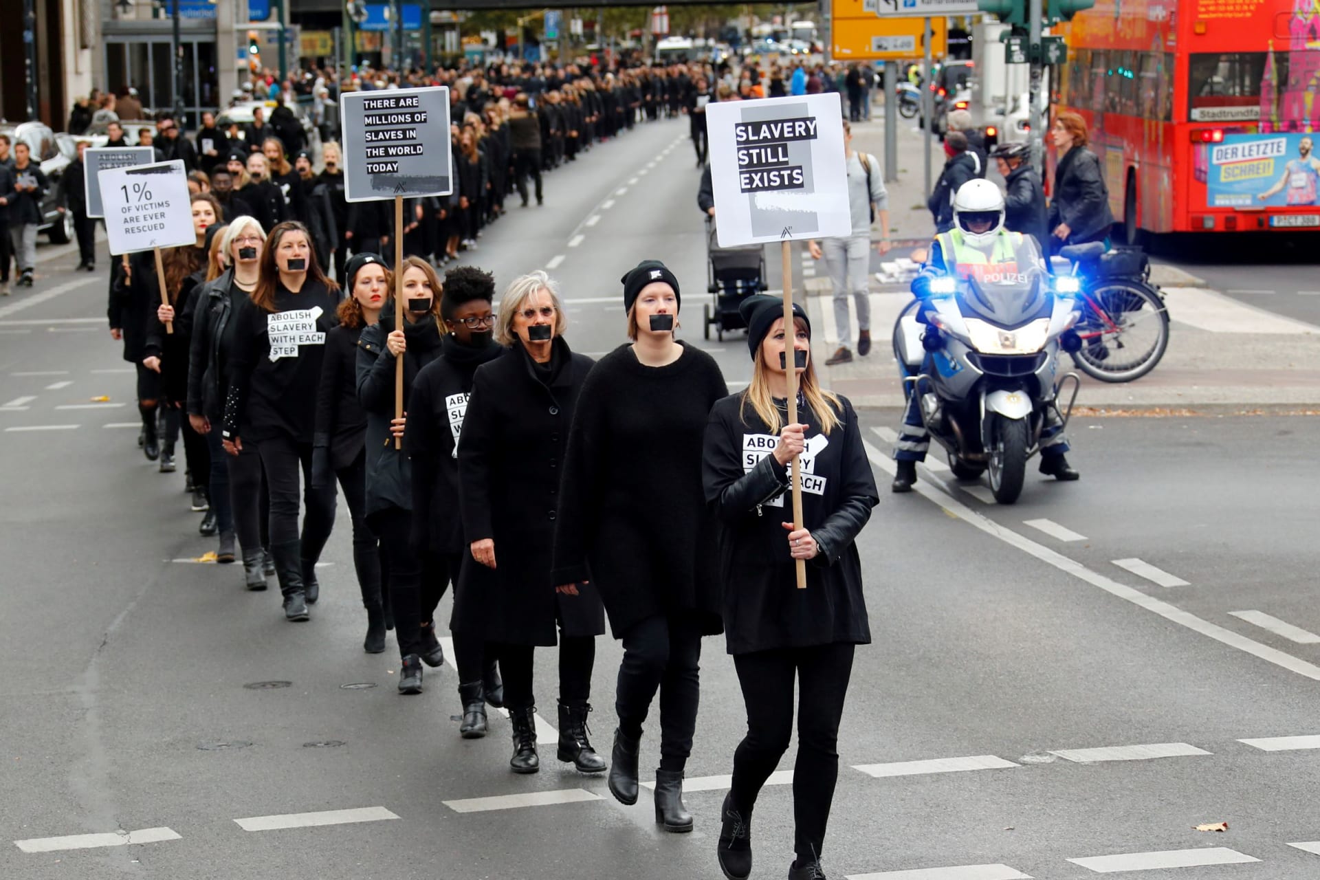 <p>Protesters demonstrate against human trafficking in Berlin.</p>