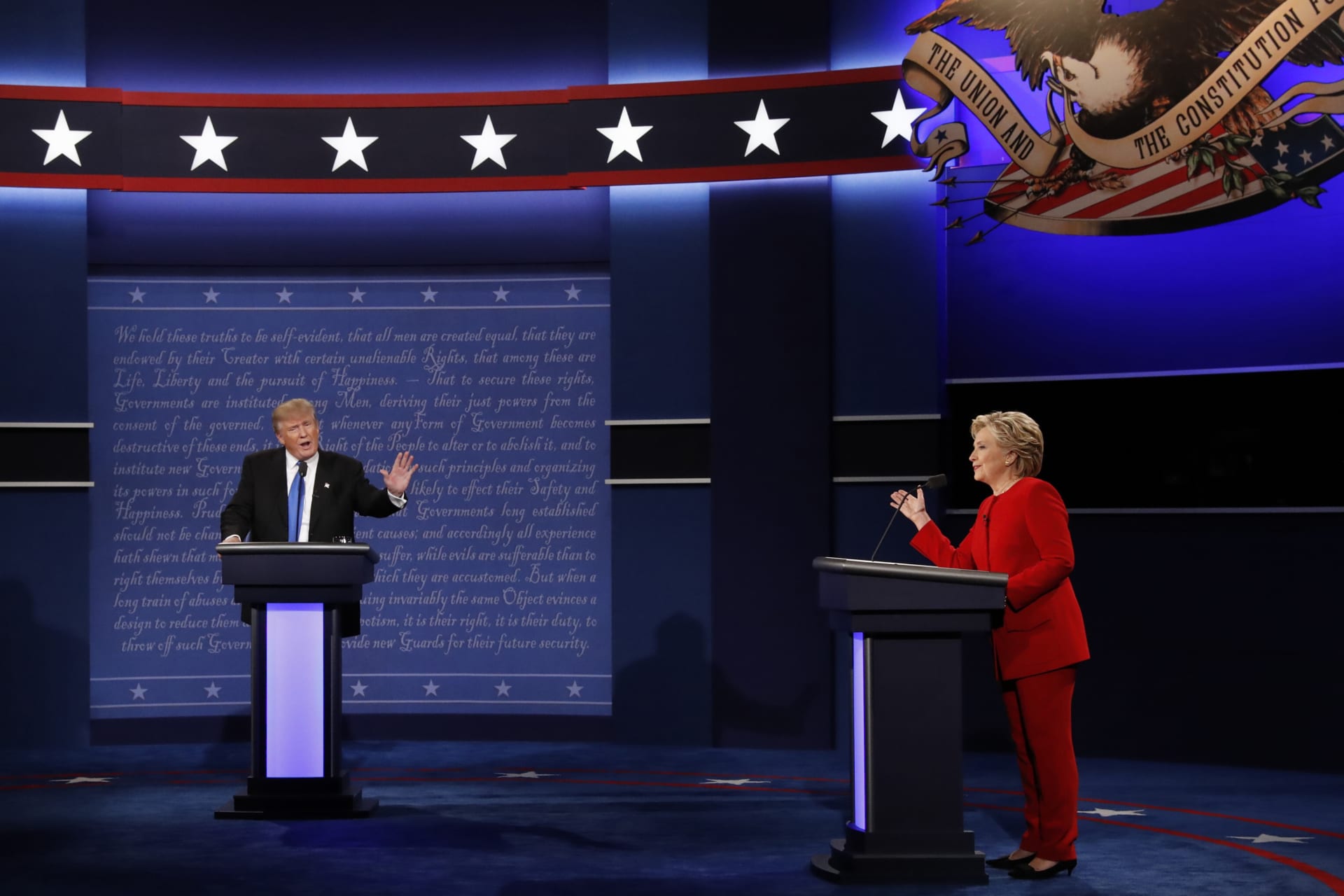 <p>Hillary Clinton and Donald Trump debating at Hofstra University on September 26, 2016. </p>
