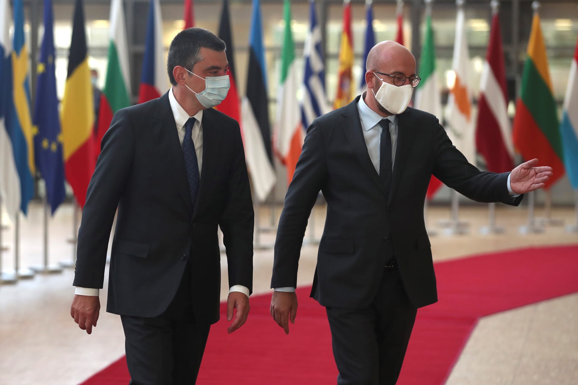 <p>Georgia’s Prime Minister Giorgi Gakharia is welcomed by European Council President Charles Michel.</p>

