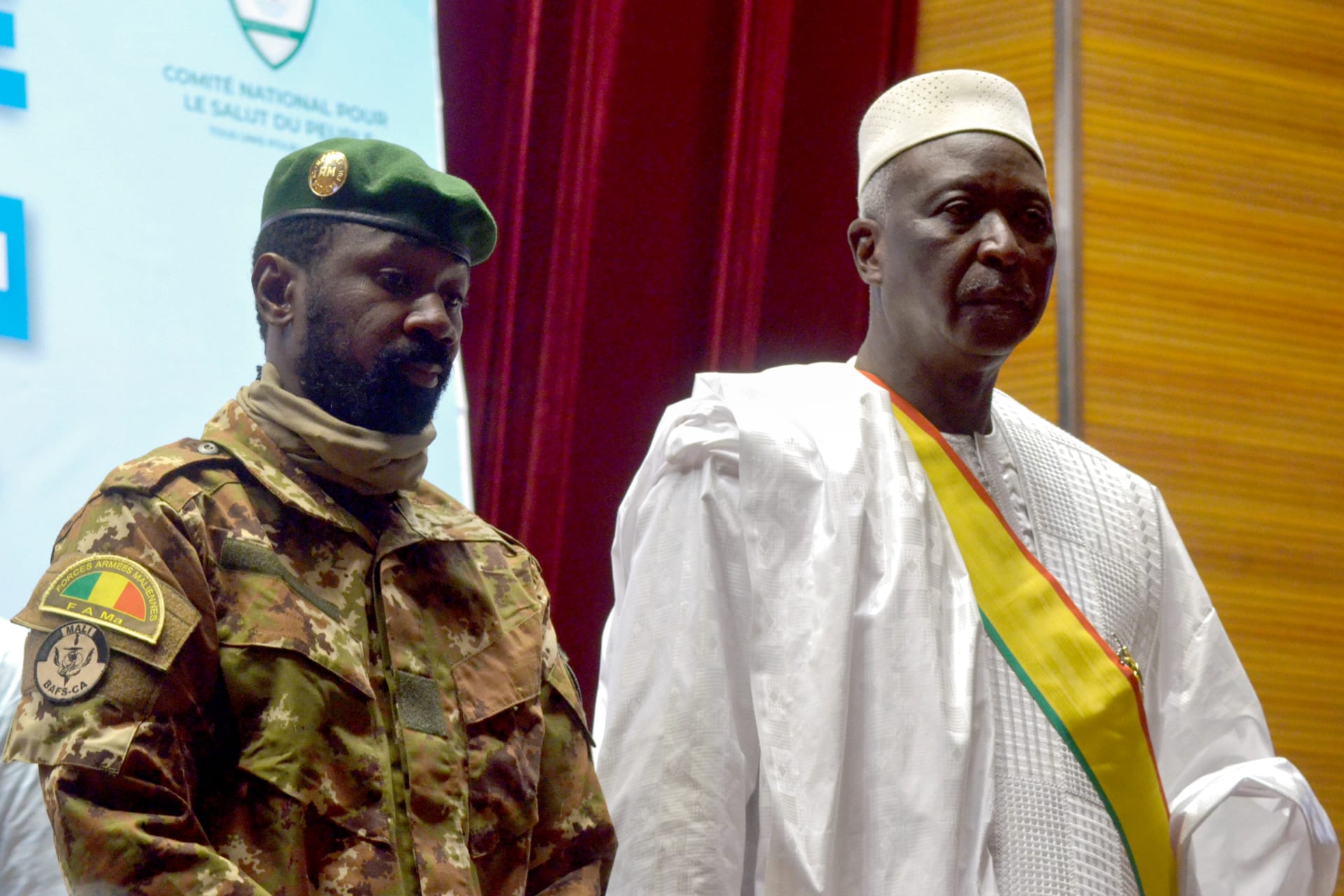 <p>The new interim president of Mali Bah Ndaw attends the inauguration ceremony with the Malian new vice president Colonel Assimi Goita in Bamako, Mali, on September 25, 2020.</p>
