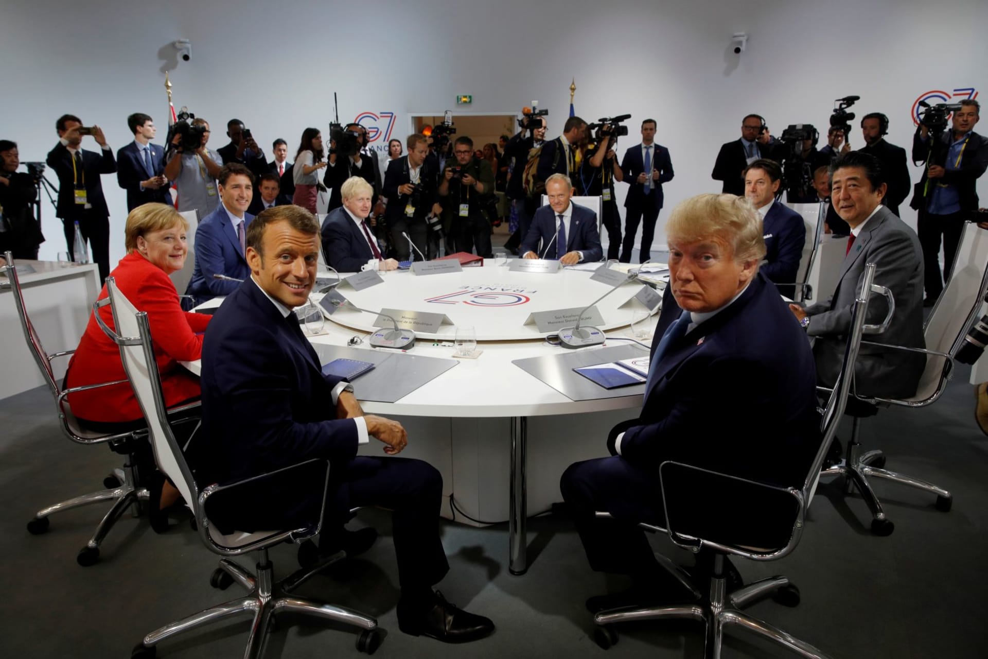 <p>G7 leaders at a working session during the G7 summit in Biarritz, France, on August 25, 2019. </p>
