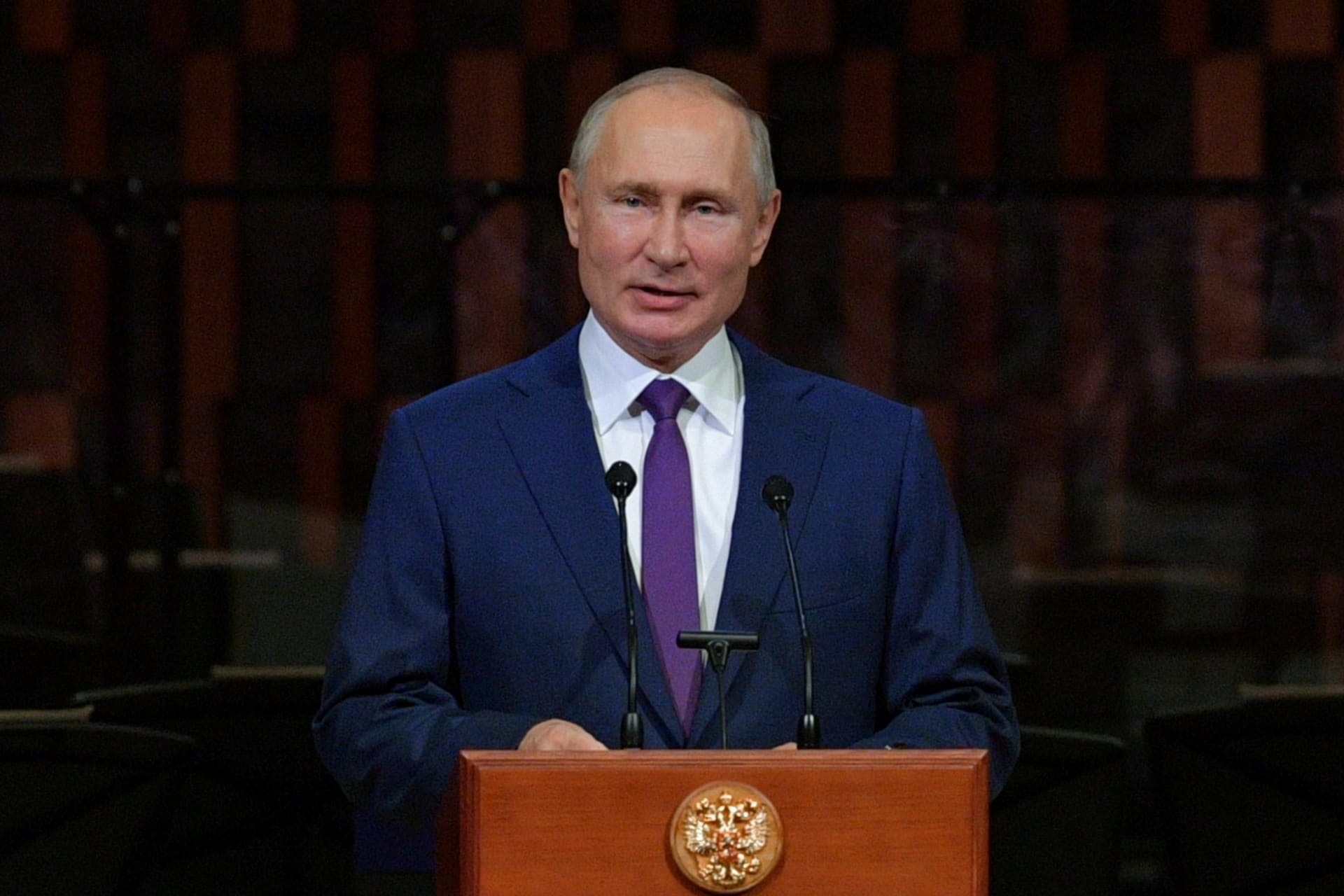 <p>Russian President Vladimir Putin addresses the audience during Moscow City Day celebrations.</p>
