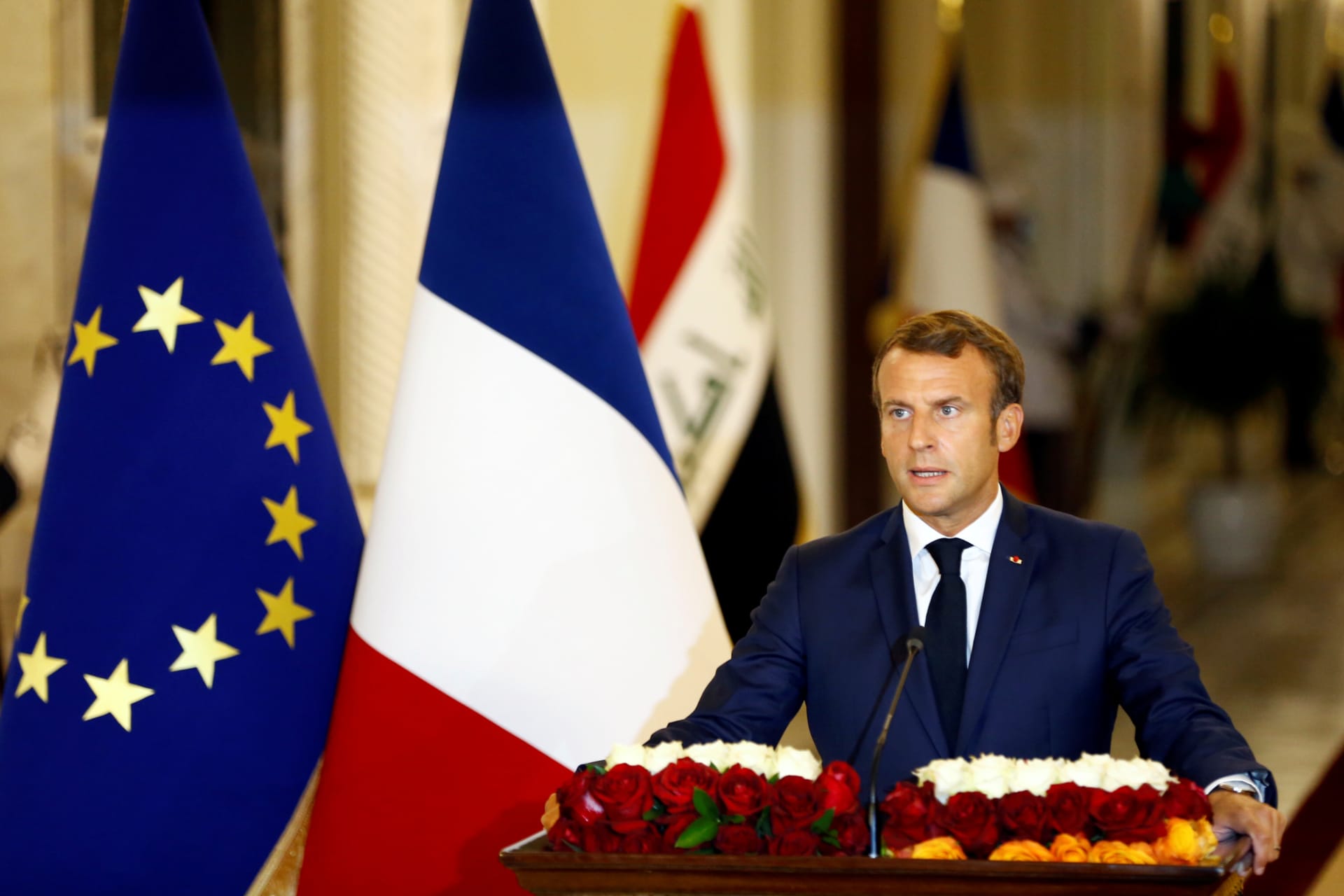 <p>French President Emmanuel Macron speaks during a news conference with Iraq’s President Barham Salih (not pictured), in Iraq on September 2, 2020.</p>
