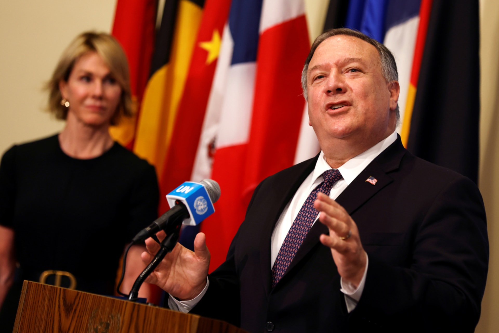 <p>U.S. Secretary of State Mike Pompeo speaks to reporters following a meeting with members of the UN Security Council.</p>
