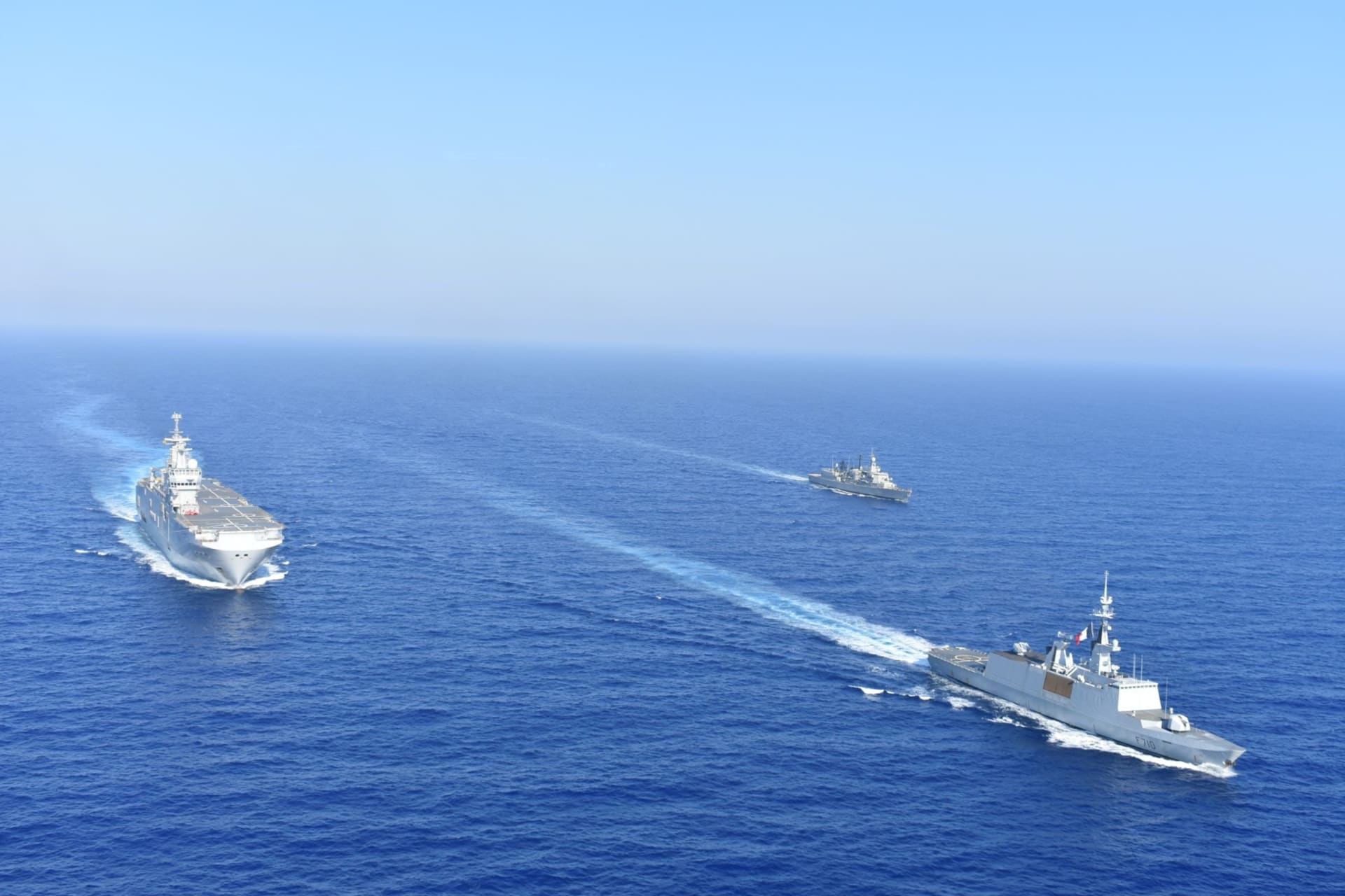 <p>Greek and French vessels sail in formation during a joint military exercise in Mediterranean Sea.</p>
