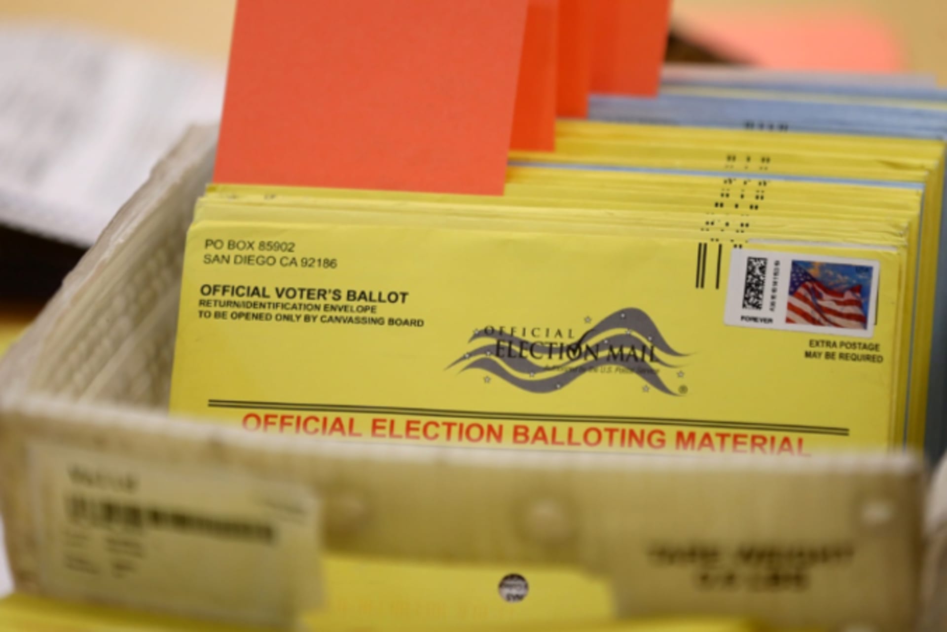 <p>Mail-in ballots await verification at the San Diego County Elections Office during the 2016 election. </p>
