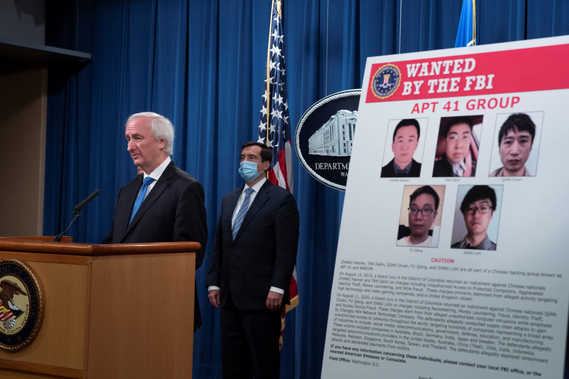 <p>Deputy Attorney General Jeffery A Rosen speaks during a Justice Department’s news conference to announce charges in China-related intrusion campaigns.</p>