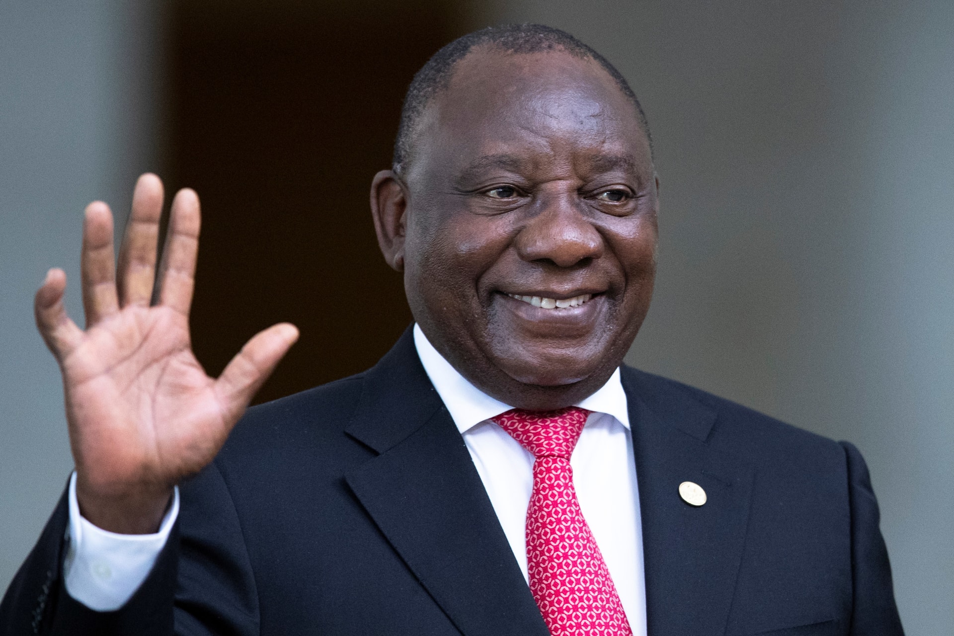 <p>South Africa’s President Cyril Ramaphosa greets the media prior to the BRICS summit in Brasilia, Brazil, on November 14, 2019. </p>
