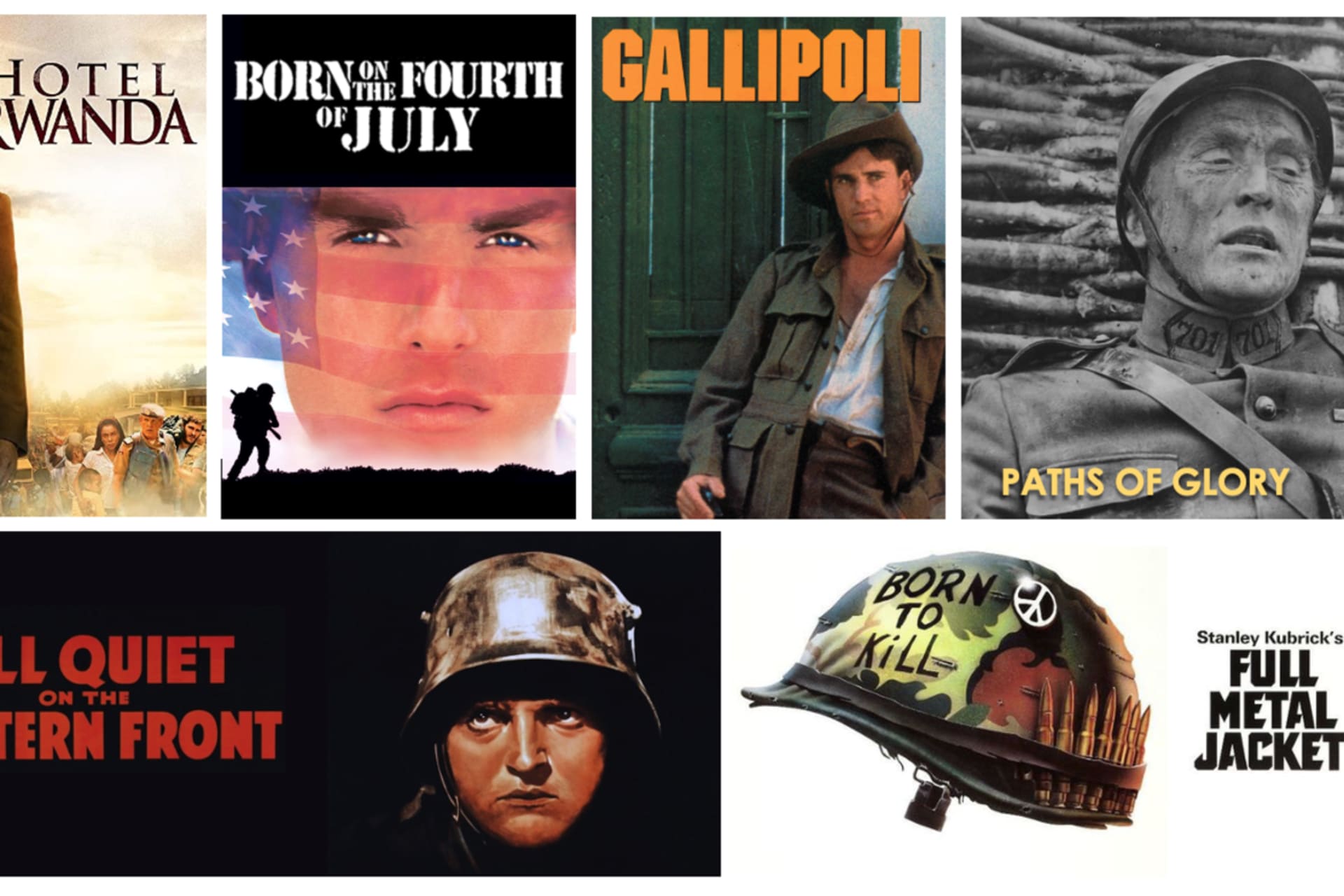 <p>Images clockwise from the top left: Hotel Rwanda/Amazon; Born on the Fourth of July/TV Guide; Gallipoli/IMDB; Paths of Glory/Amazon; Full Metal Jacket/TV Guide; All Quiet on the Western Front/IMDB</p>
