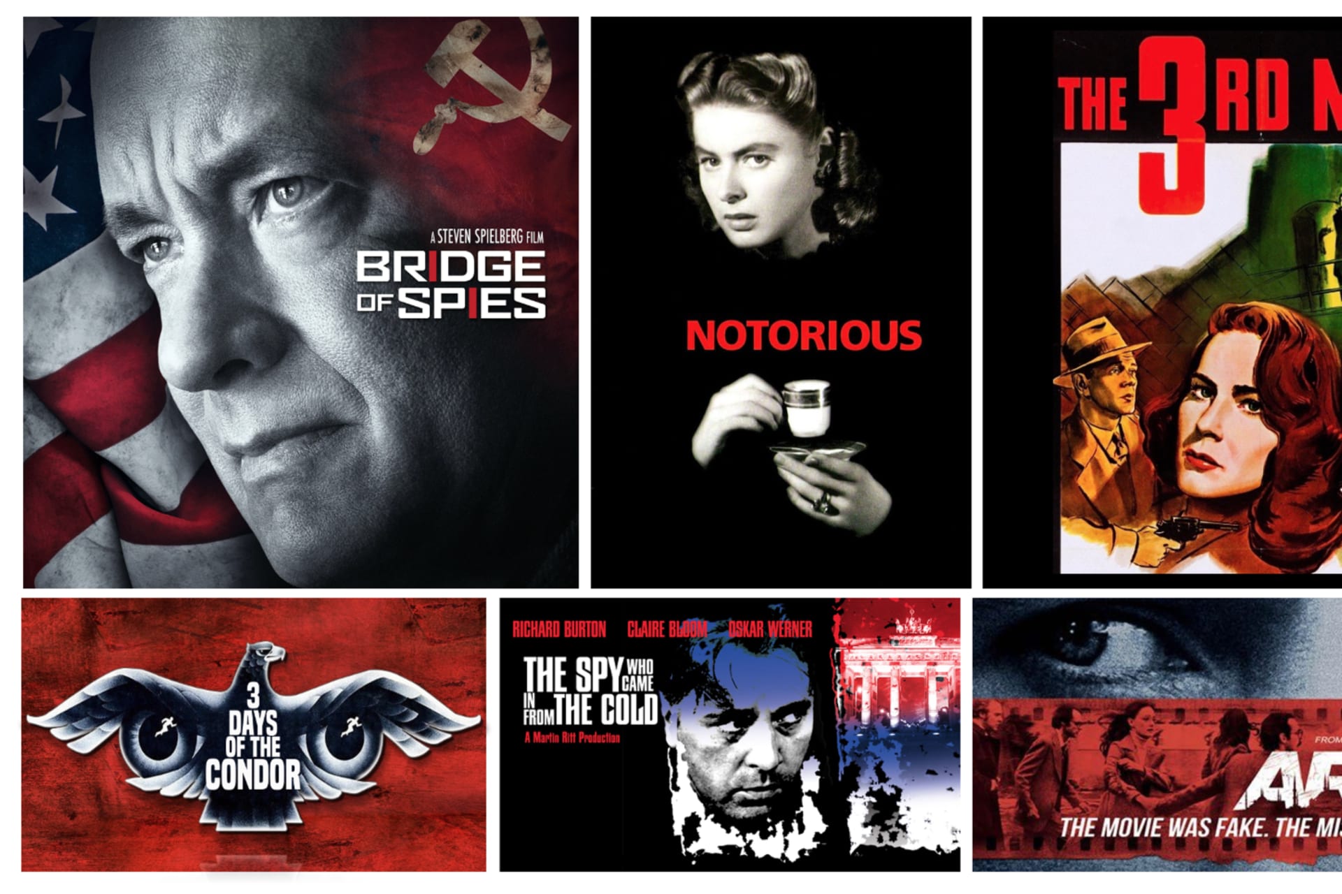 <p>Images clockwise from the top left: Bridge of Spies/Amazon; Notorious/ReelGood; The Third Man/FilmSite; Argo/Awards Circuit; The Spy Who Came in from the Cold/YouTube; Three Days of the Condor/FanArt.</p>
