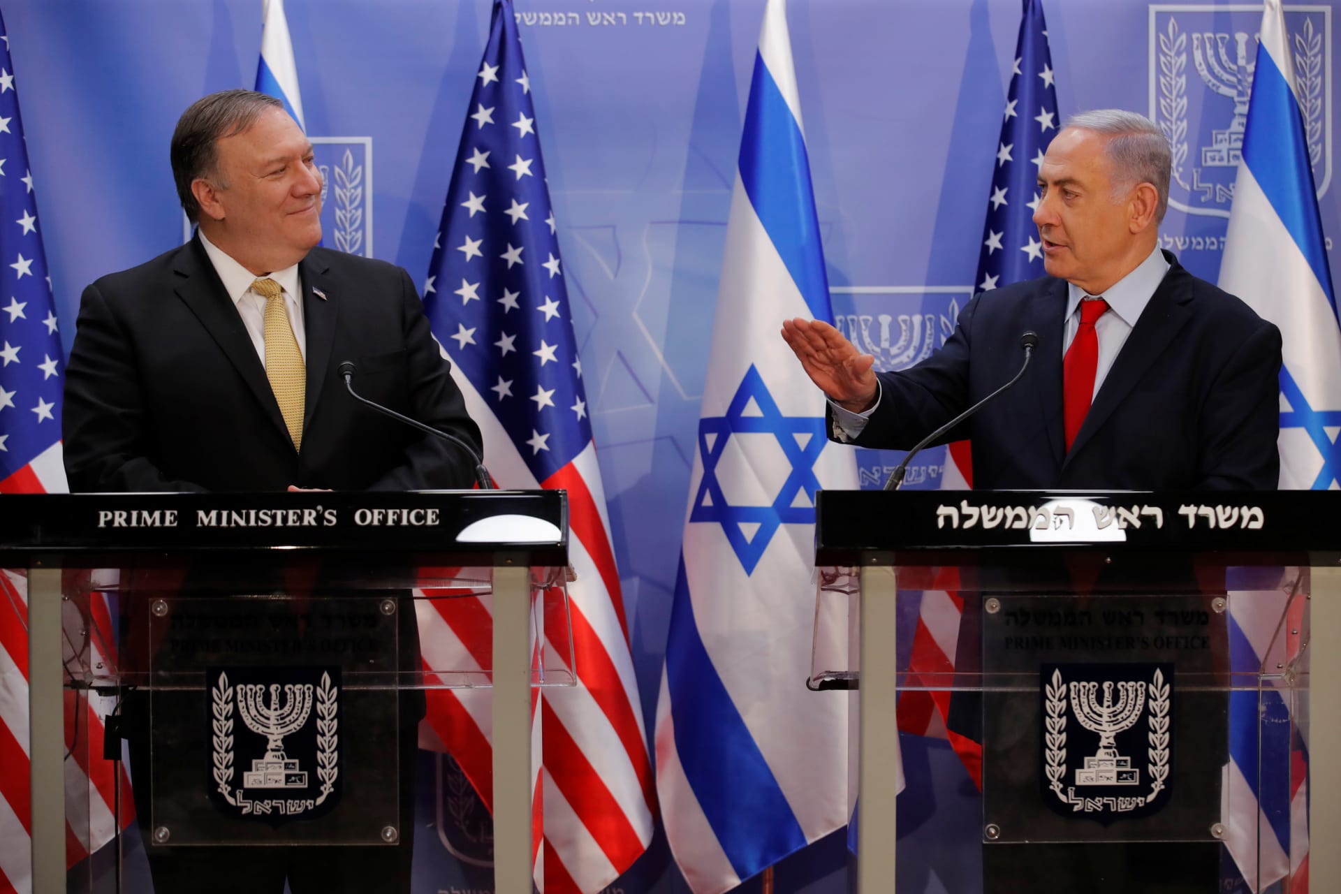 <p>U.S. Secretary of State Mike Pompeo and Israeli Prime Minister Benjamin Netanyahu deliver joint statements.</p>
