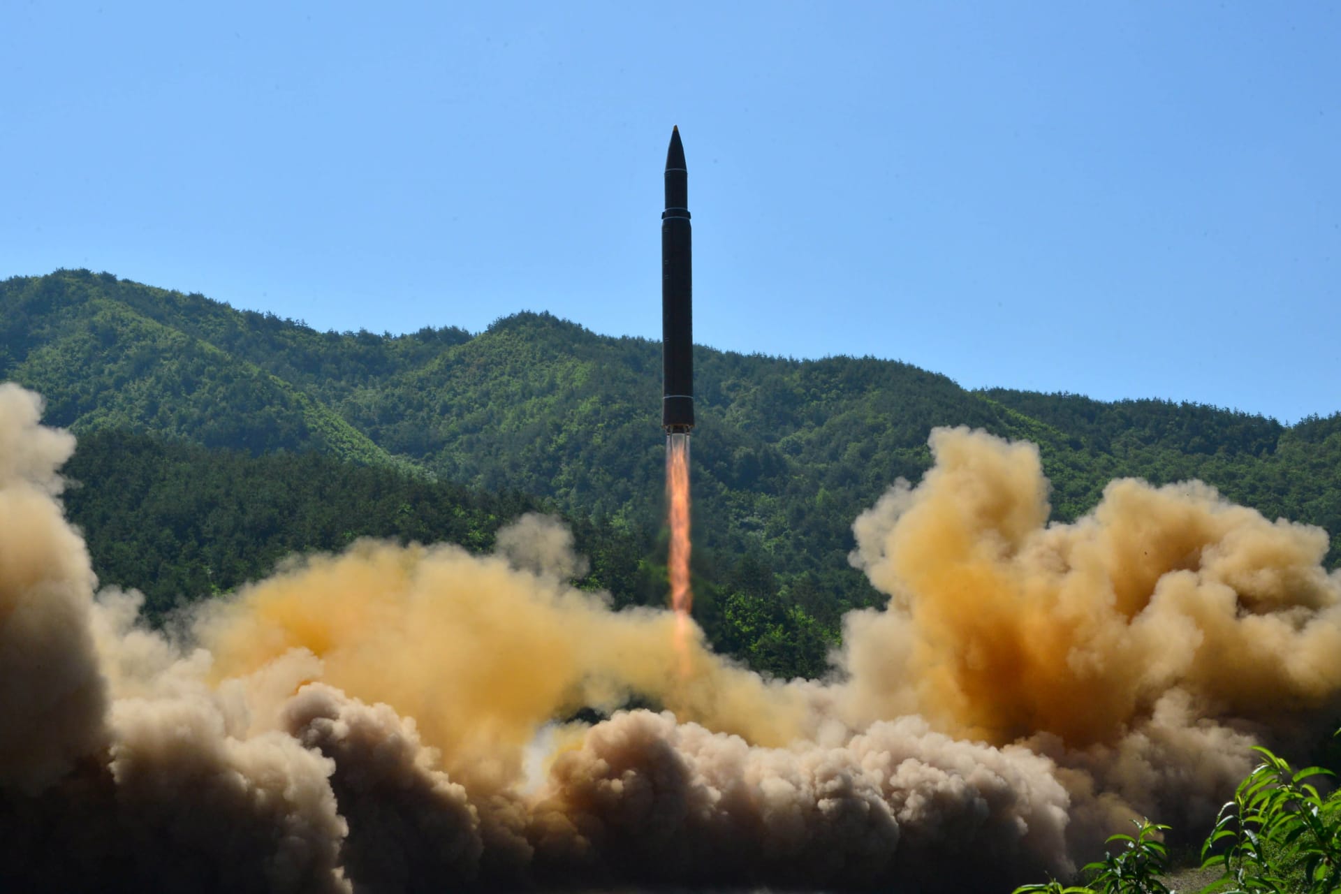 <p>The intercontinental ballistic missile Hwasong-14 is seen during its test.</p>