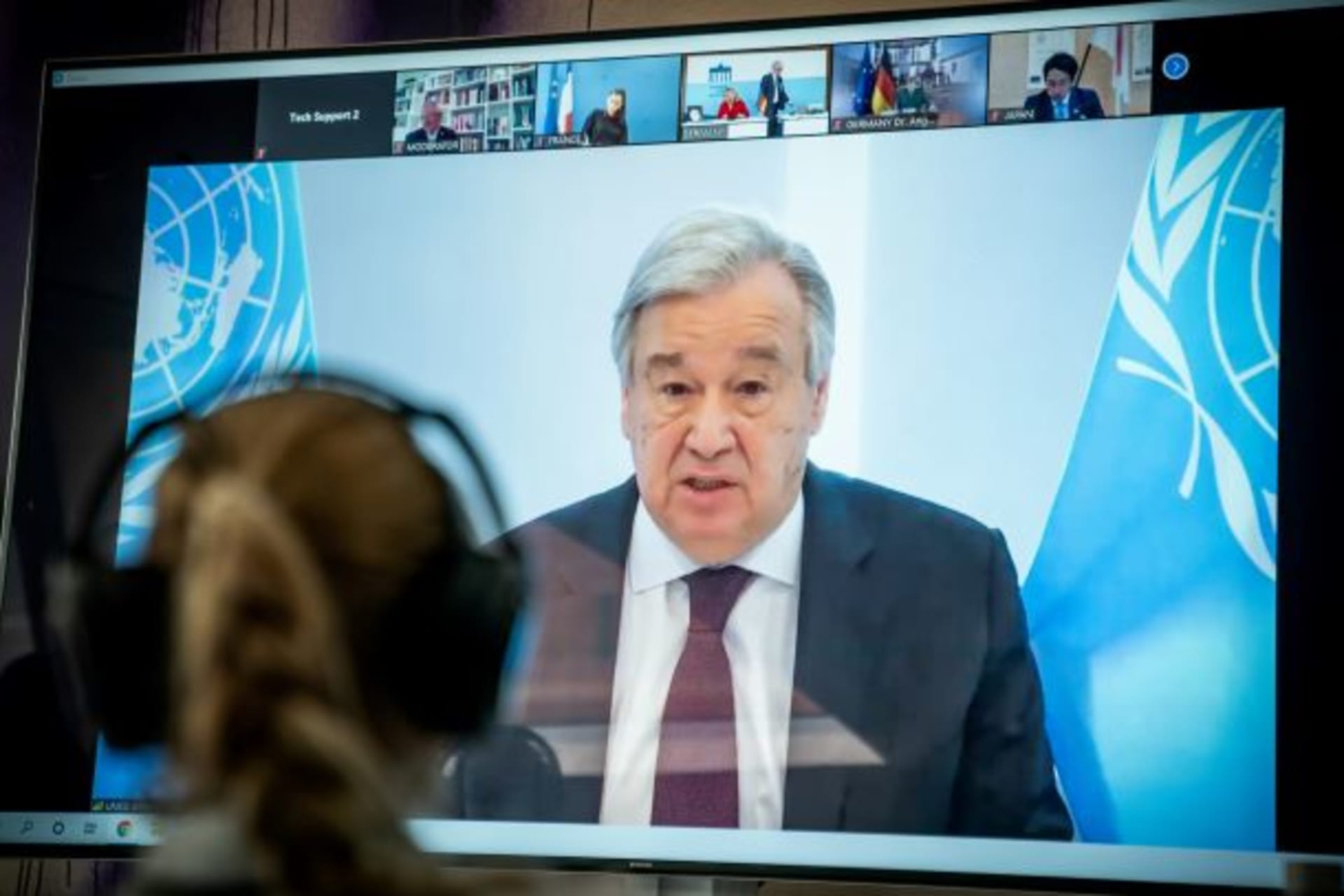<p>United Nations Secretary-General Antonio Guterres is seen on a video screen during a virtual climate summit in Berlin on April 28, 2020. </p>
