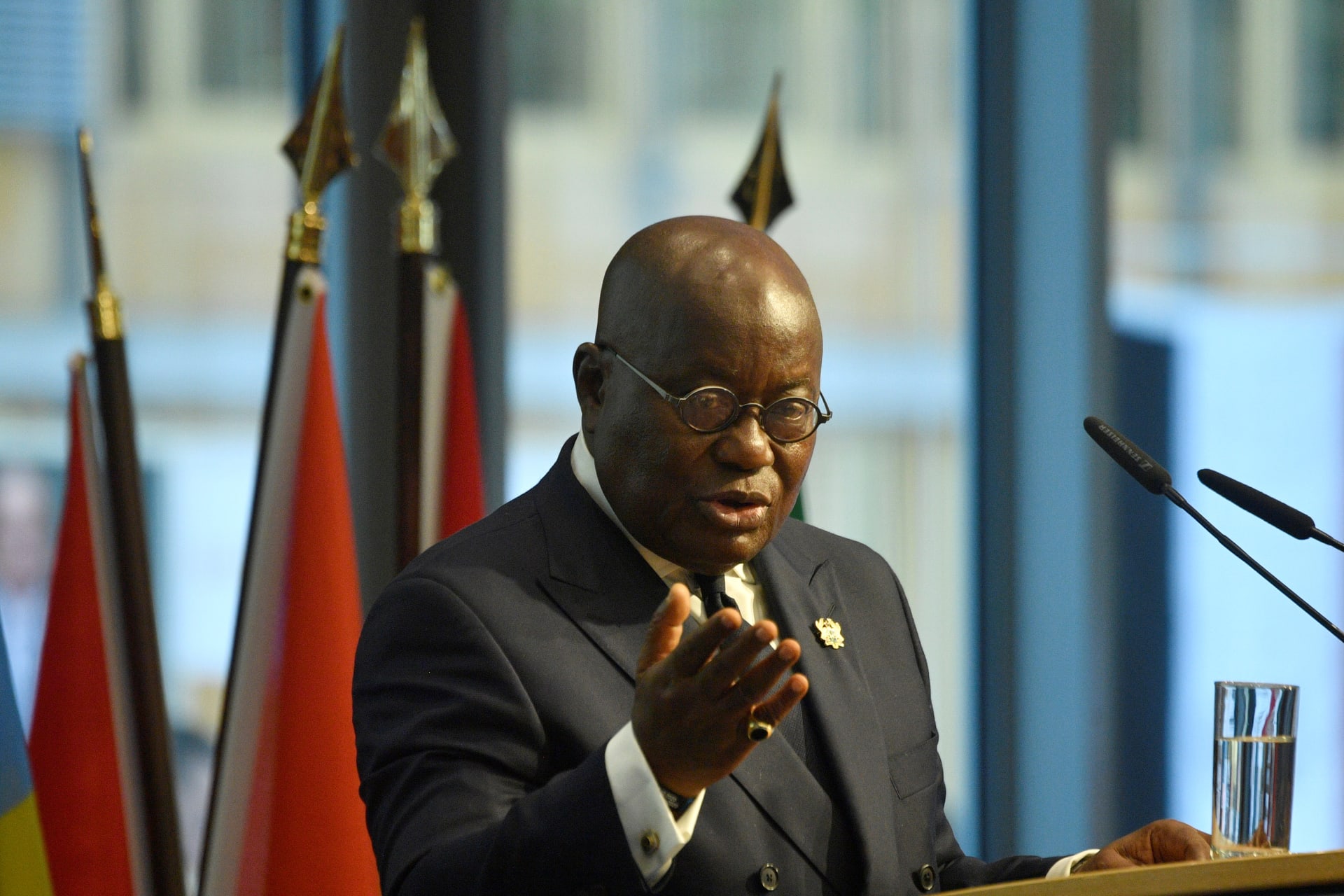<p>Ghana’s President Nana Akufo-Addo addresses participants of the “G20 Investment Summit – German Business and the CwA Countries 2019” on the sidelines of a Compact with Africa (CwA) in Berlin , Germany, on November 19, 2019.</p>
