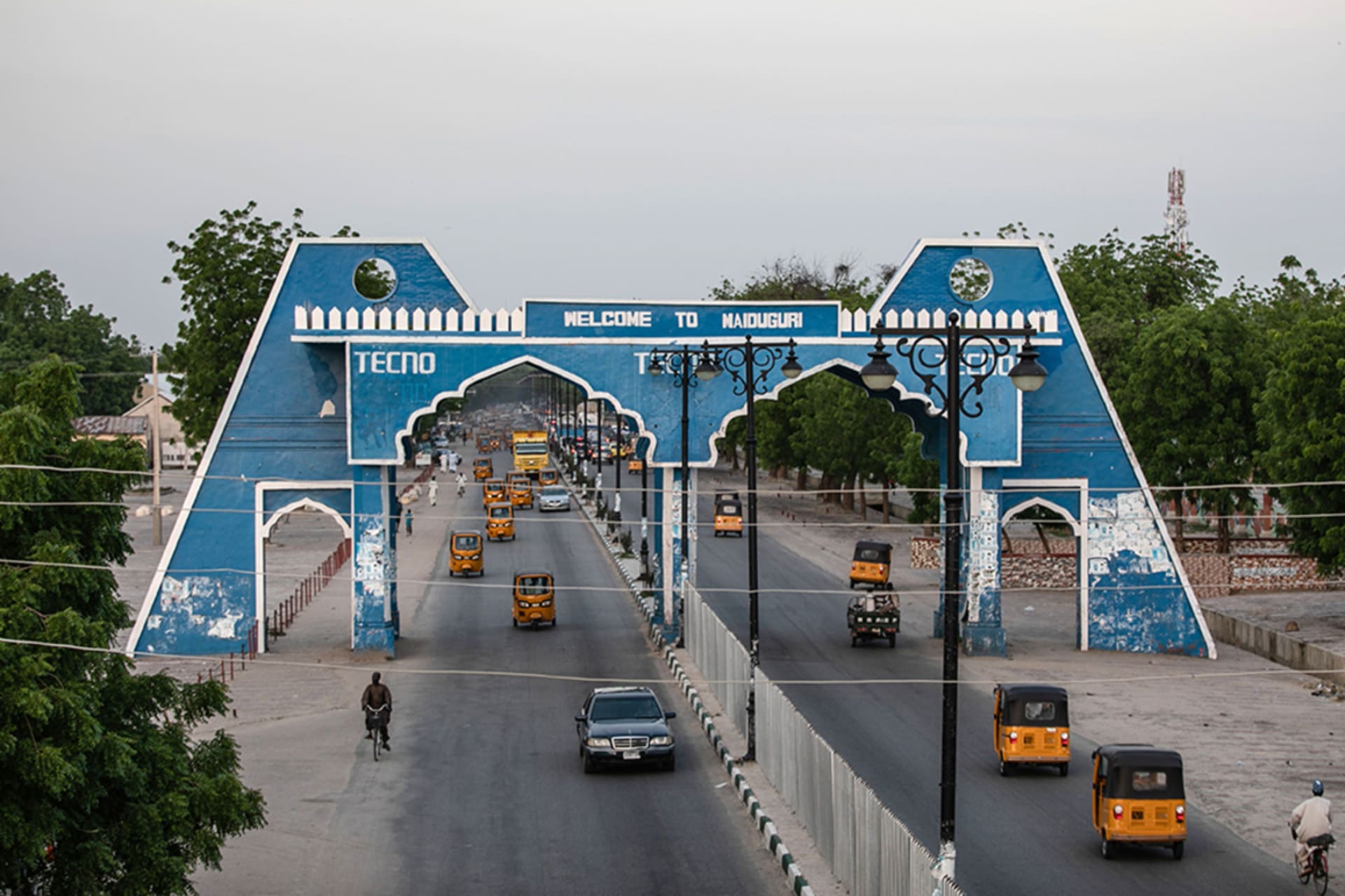 <p>The city gate of Maiduguri along Bulumkutu road, in Borno state, Nigeria, on July 26, 2019. The aid workers were reportedly kidnapped while traveling on a road to Maiduguri, the Borno state capital.</p>
