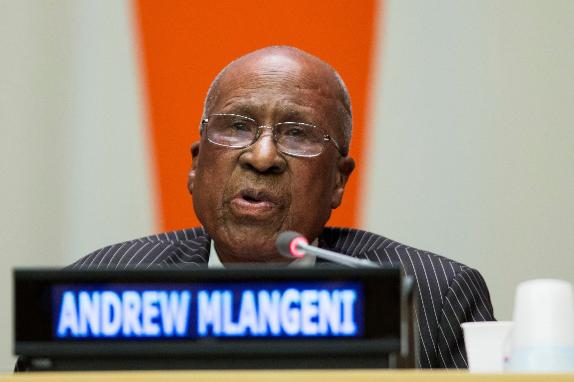 <p>Andrew Mlangeni speaks about his close friend, former South African President Nelson Mandela, during an informal meeting of the plenary of the General Assembly to commemorate Nelson Mandela International Day at the UN, in New York, July 18, 2013.</p>
