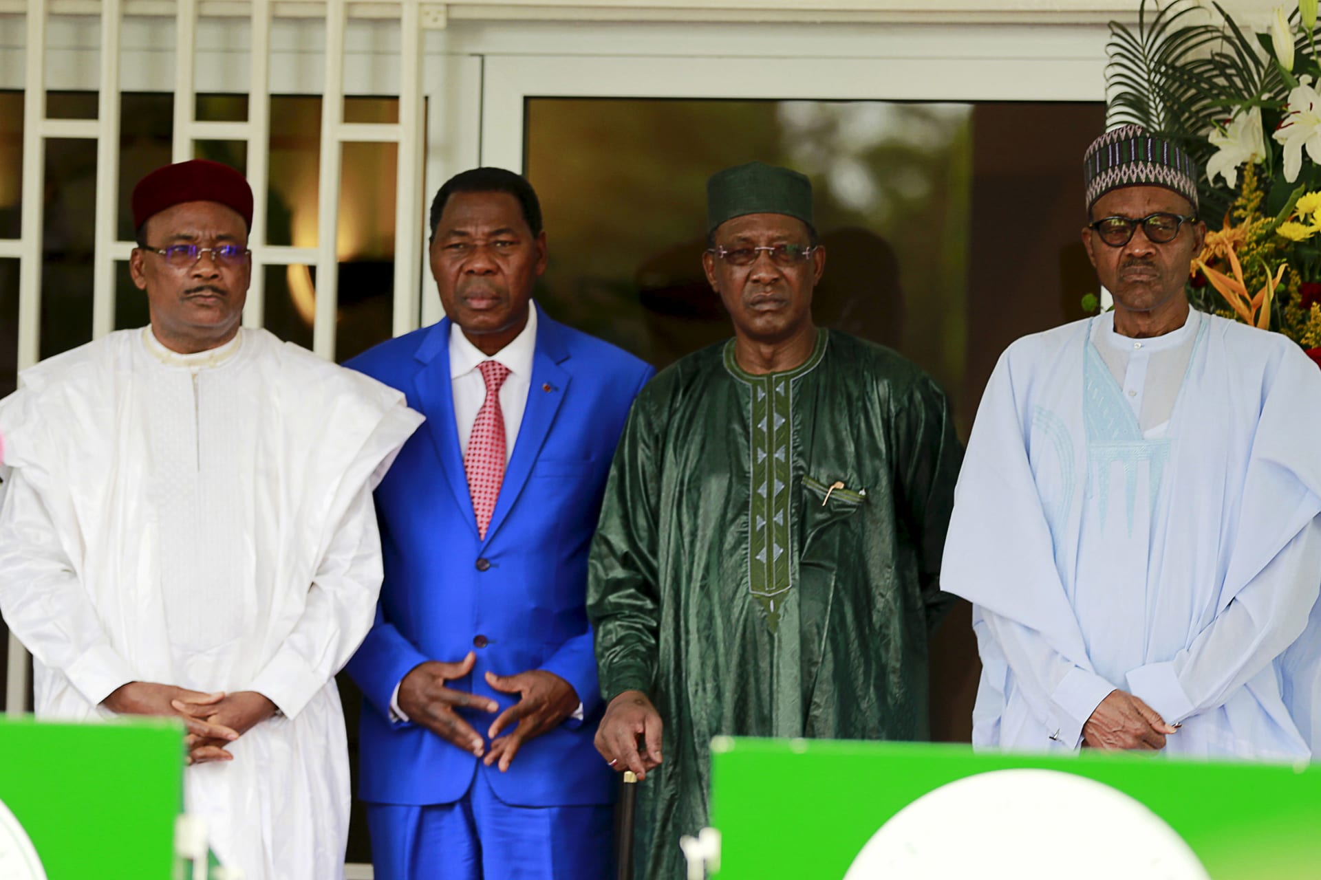 <p>The heads of state, from left to right, of Niger, Benin, Chad, and Nigeria, at the Lake Chad Basin Commission heads of state meeting in Abuja, Nigeria, June 11, 2015. The Commission is the civilian oversight body of the MNJTF.</p>
