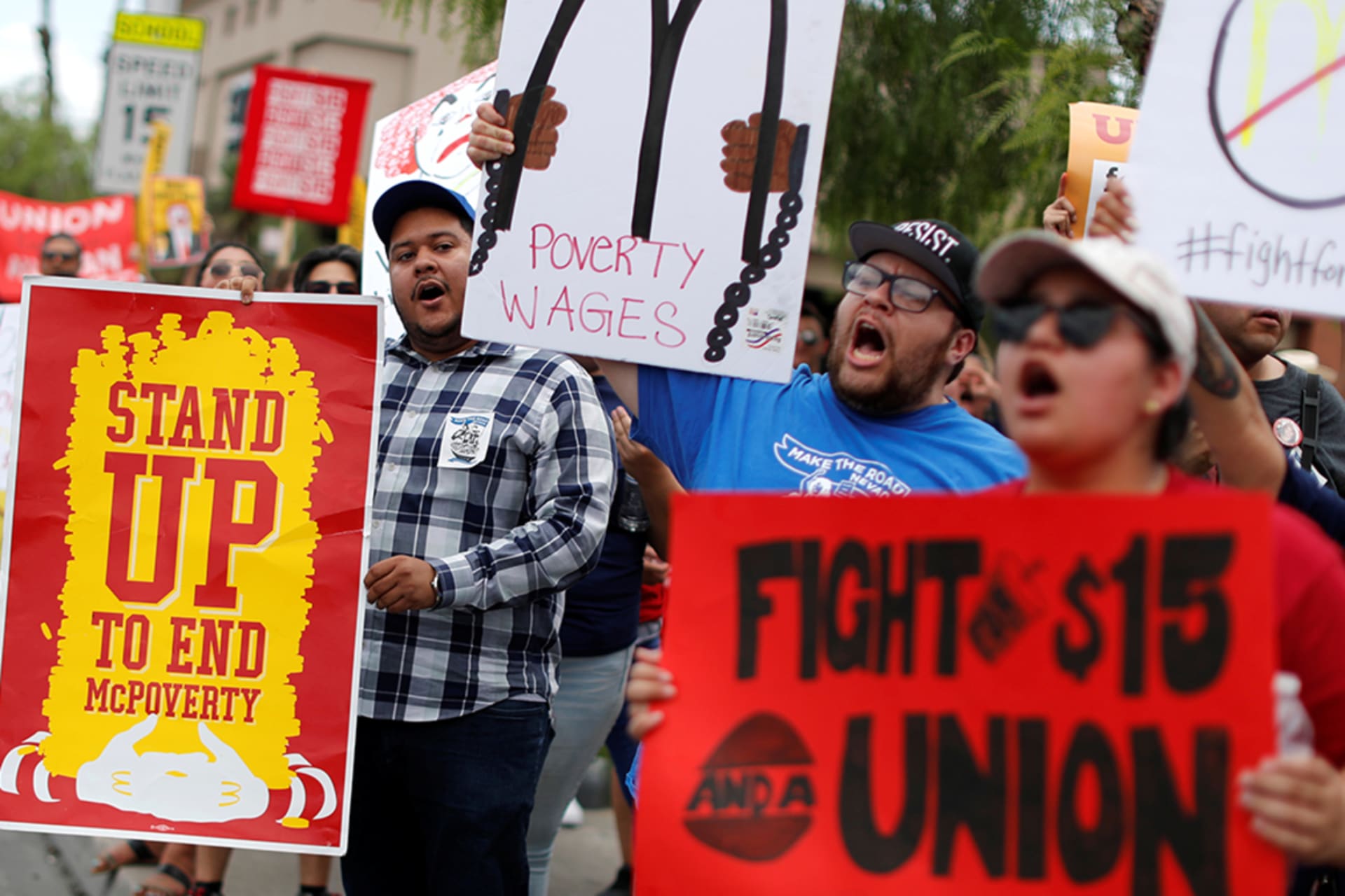 <p>Striking McDonald’s workers demanding a $15 minimum wage demonstrate in Las Vegas, Nevada.</p>
