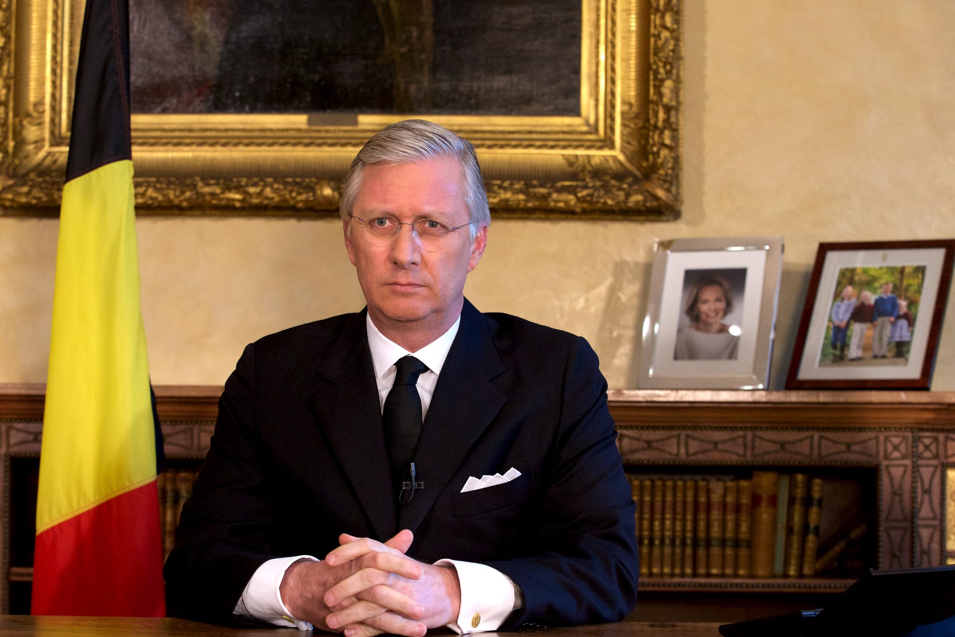 <p>Belgian King Philippe, on March 22, 2016, delivers a speech from Brussels Royal Palace following bomb attacks in Brussels and Belgium’s National airport of Zaventem, Belgium.</p>

