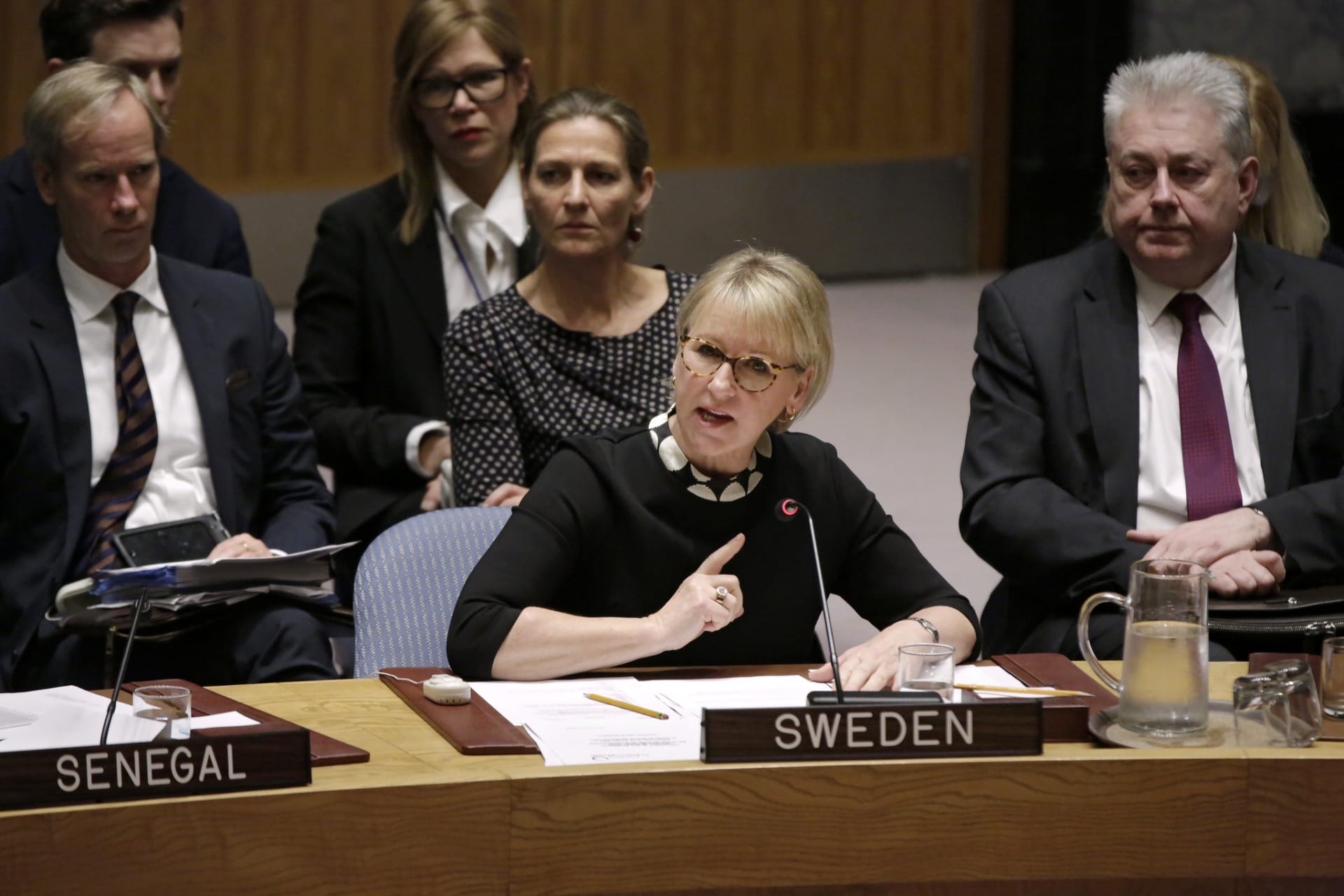 <p>Sweden’s Foreign Minister Margot Wallstrom addresses the UN Security Council Open Debate on Women, Peace, and Security, on October 27, 2017.</p>

