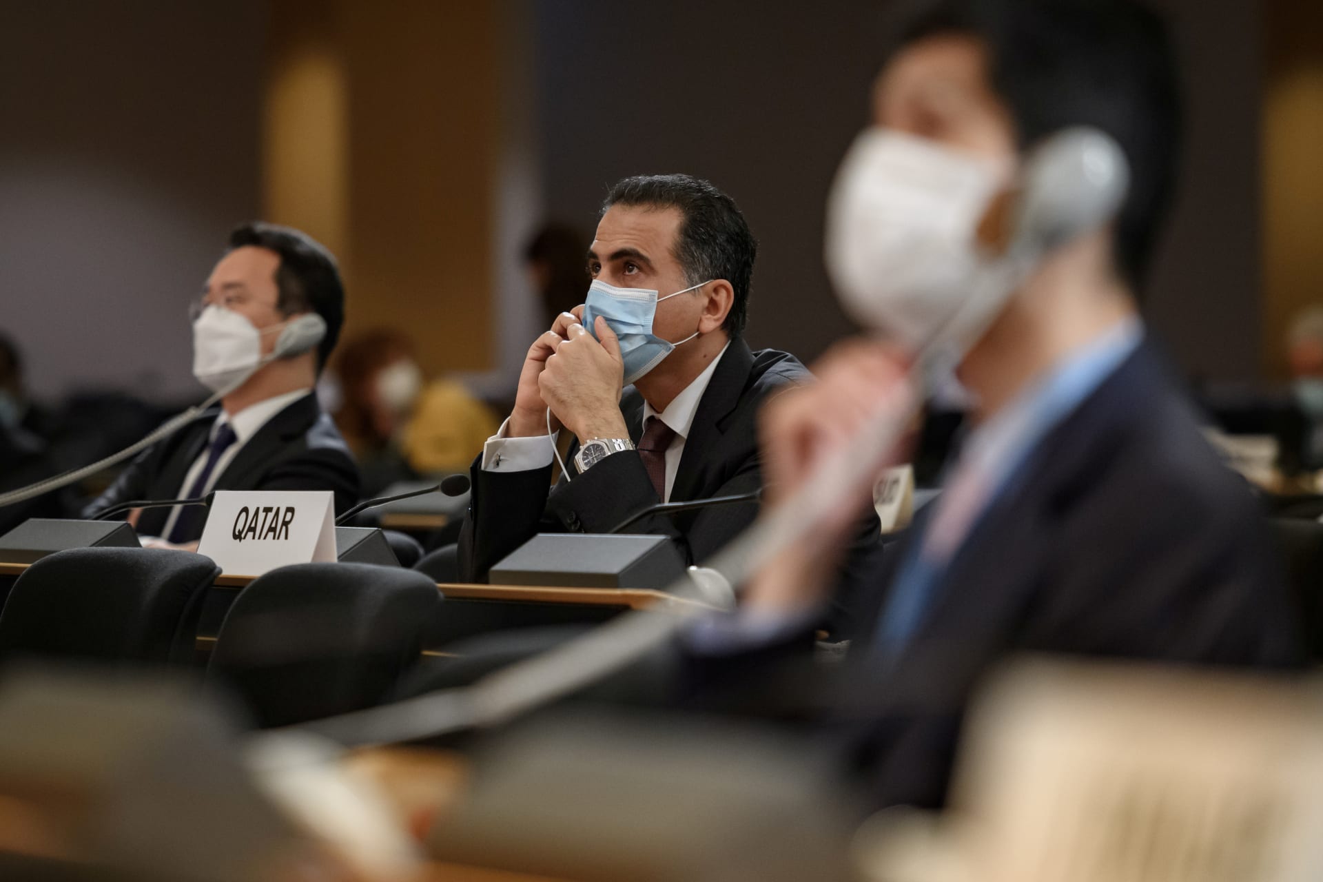 <p>Delegates, wearing protective face masks, attend a UN Human Rights Council session during the coronavirus (COVID-19) outbreak in Geneva, Switzerland, on June 15, 2020.</p>
