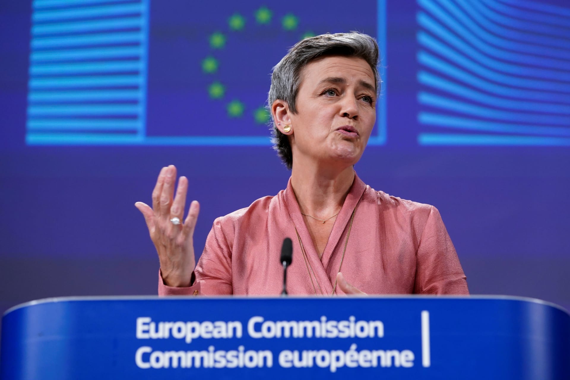 <p>European Union Commission Executive Vice President Margrethe Vestager talks during a video news conference, to present a “White Paper” to better arm the EU against unfair competition from heavily subsidised foreign companies, at the European Commission.</p>
