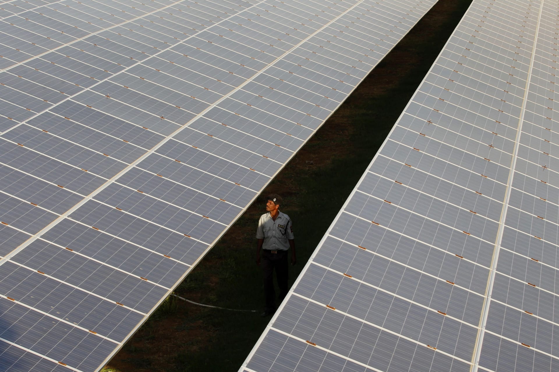 <p>A private security guard walks between rows of photovoltaic solar panels inside a solar power plant at Raisan village near Gandhinagar, in the western Indian state of Gujarat, February 11, 2014.</p>
