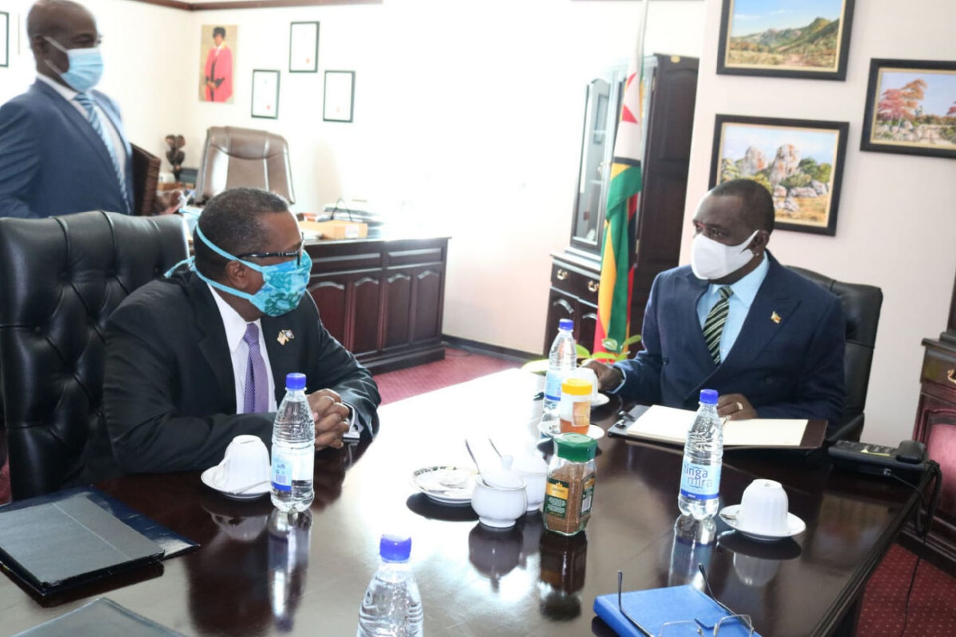 <p>U.S. Ambassador Brian Nichols Meets with Zimbabwean Foreign Minister Sibusiso Moyo in Harare, June 1, 2020 </p>
