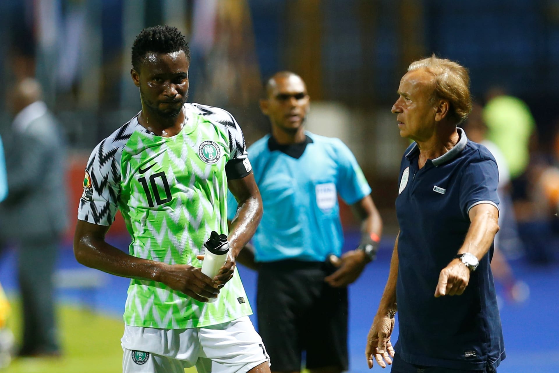 <p>Nigeria’s John Obi Mikel with coach Gernot Rohr at the Africa Cup of Nations on June 22, 2019. Mikel, the team’s captain at the World Cup the year before, learned his father was kidnapped before Nigeria’s last group stage match.</p>

