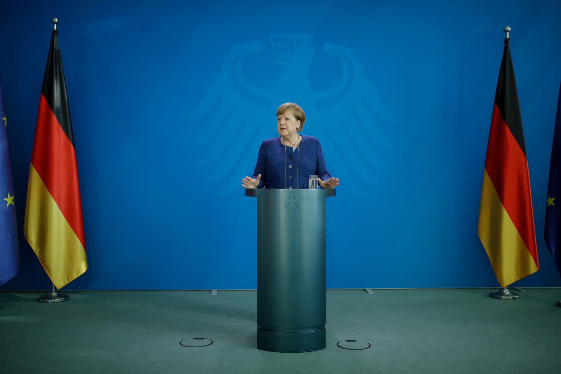 <p>German Chancellor Angela Merkel addresses a news conference.</p>
