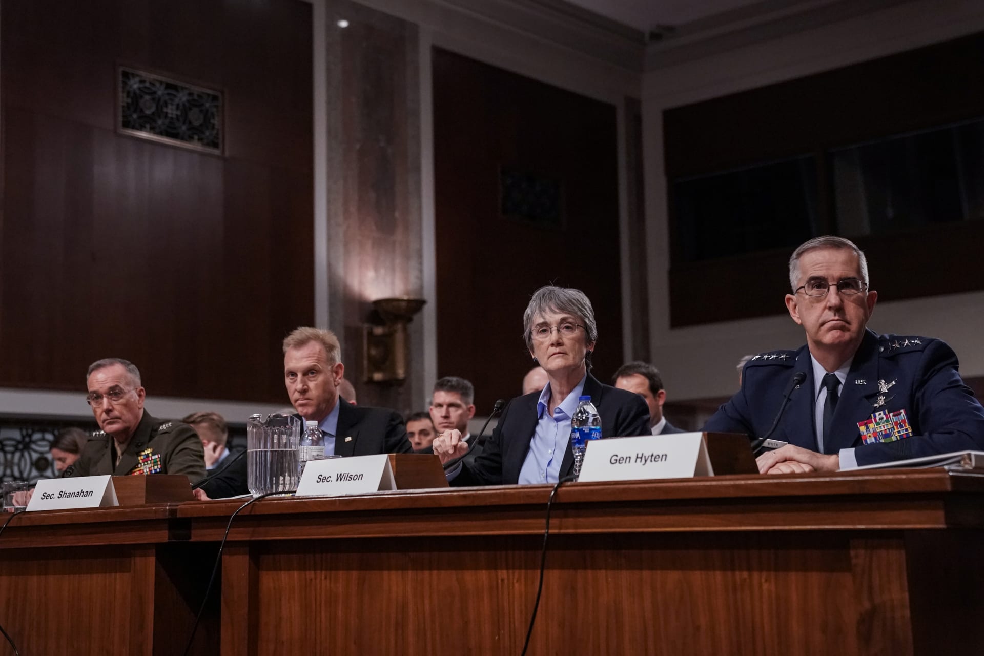 <p>Chairman of the Joint Chiefs of Staff Gen. Joseph F. Dunford Jr., Acting Defense Secretary Patrick Shanahan, Secretary of the Air Force Heather Wilson and Air Force Gen. John E. Hyten testify at a Senate Armed Services hearing.</p>
