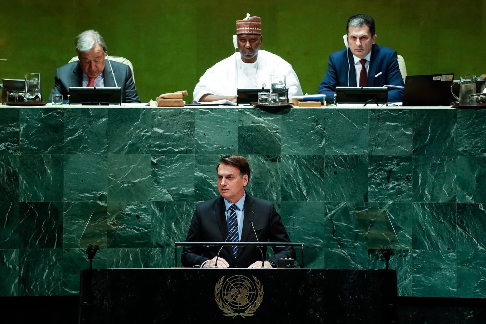 <p>Brazilian President Jair Bolsonaro delivers a speech to the United Nations General Assembly in September of 2019.</p>
