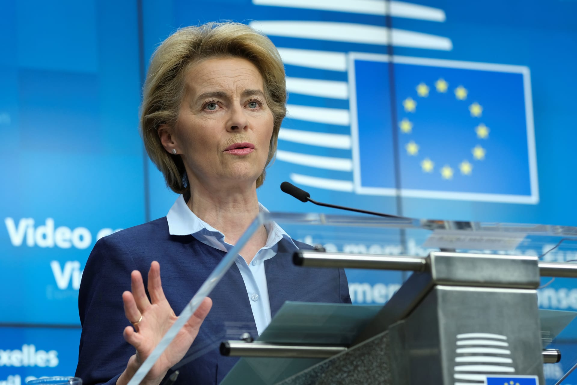 <p>European Commission President Ursula von der Leyen speaks in Brussels, Belgium, on April 23, 2020.</p>

