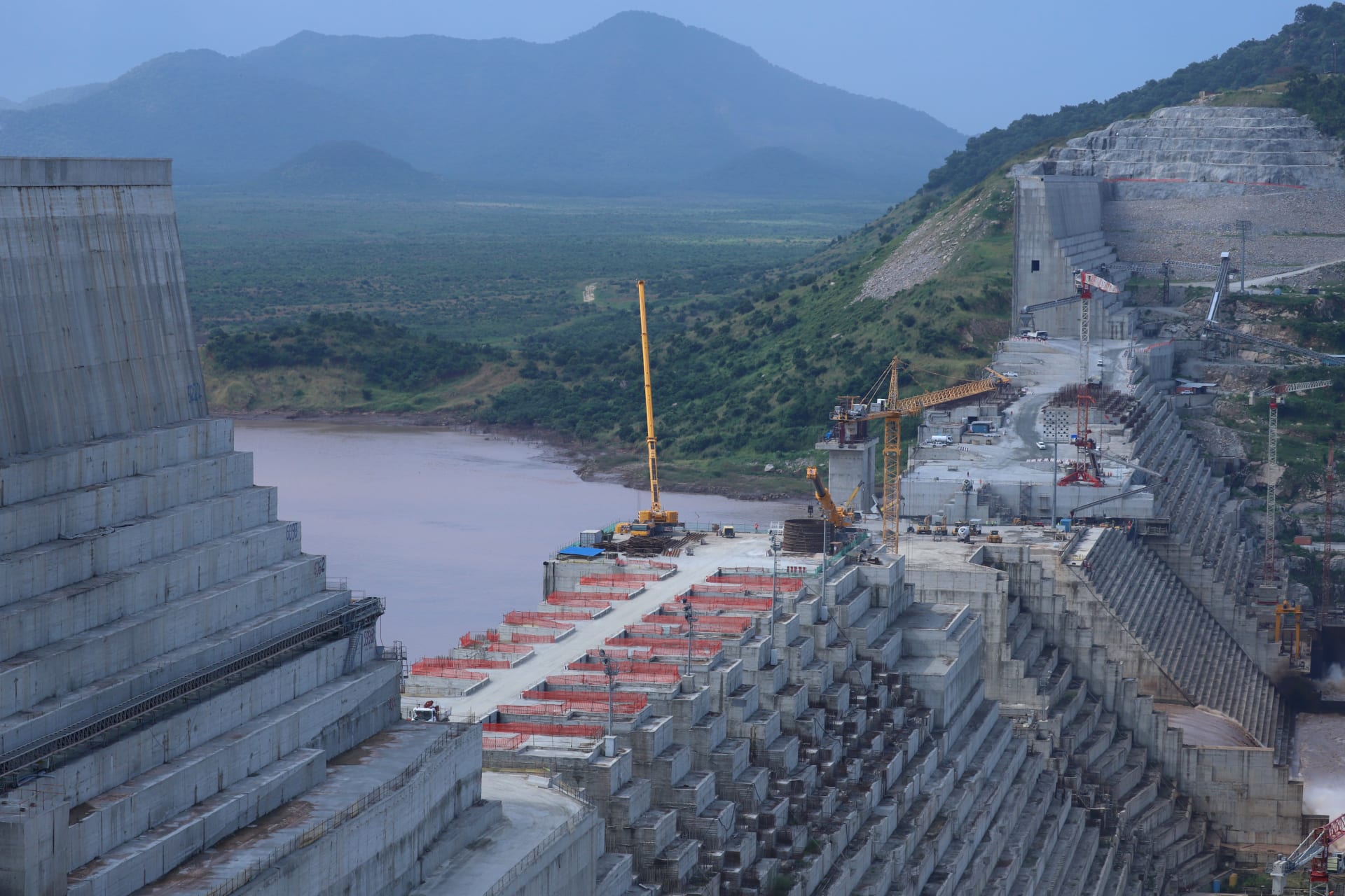 <p>Ethiopia’s Grand Renaissance Dam is seen as it undergoes construction work on the river Nile in Guba Woreda, Benishangul Gumuz Region, Ethiopia, on September 26, 2019. </p>

