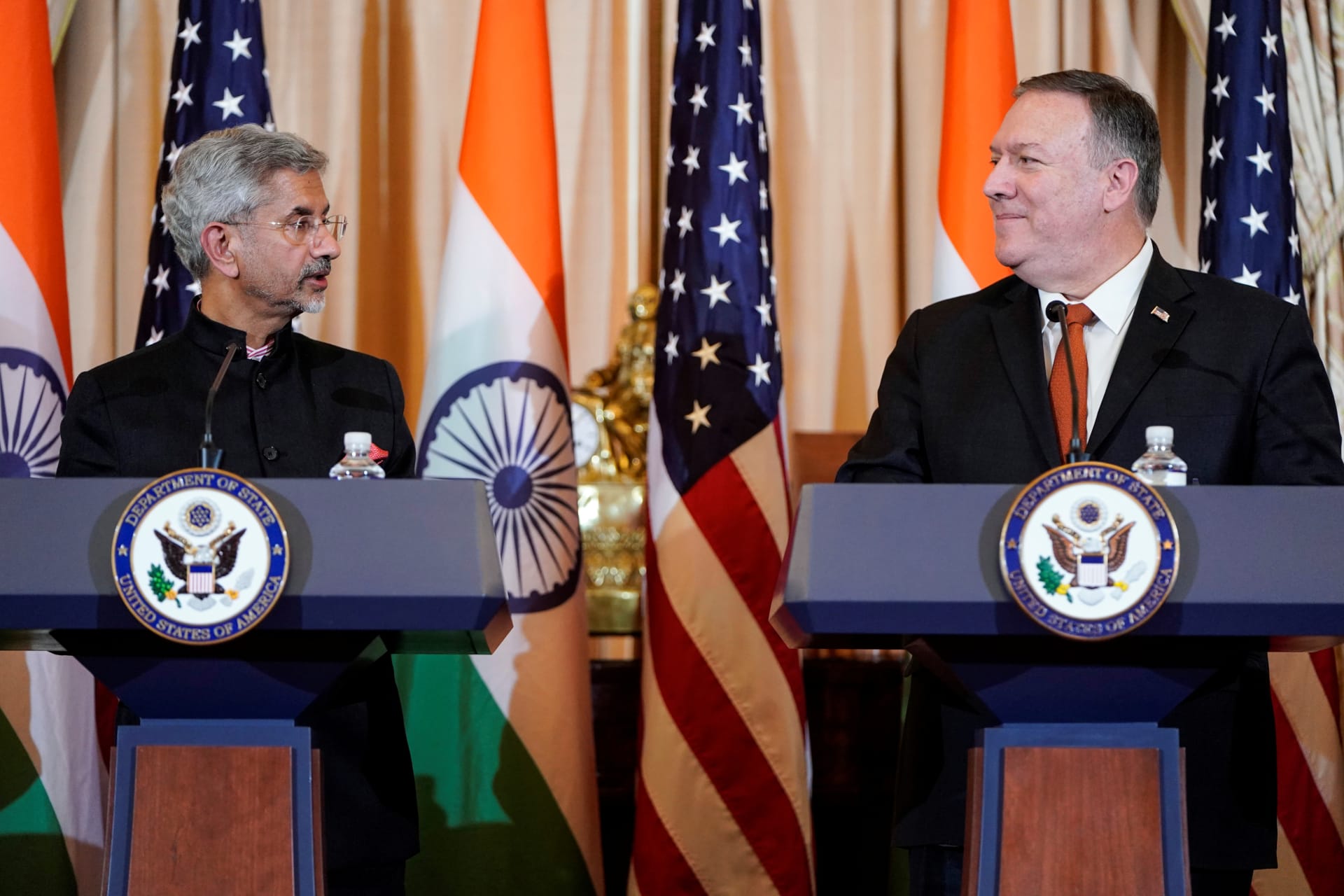 <p>Pompeo and Jaishankar at a press conference after the 2+2 Ministerial Dialogue in Washington, December 2019.</p>
