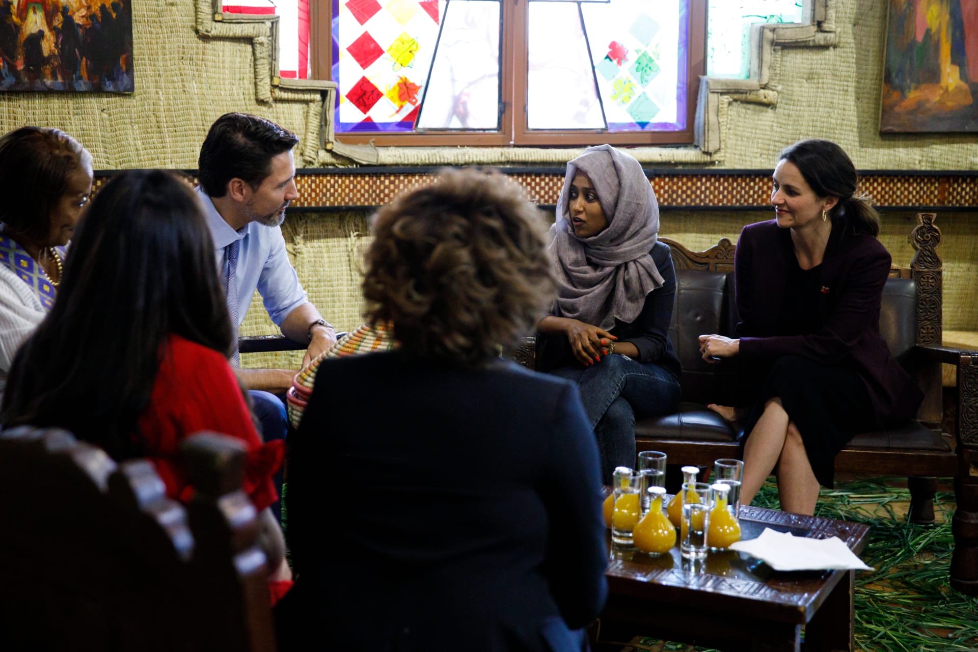 <p>Ambassador O’Neill, Canada’s Prime Minister Justin Trudeau, and Mary Ng, Minister of Small Business, Export Promotion, and International Trade, meet with three Ethiopian women entrepreneurs. (Addis Ababa, February, 2020).</p>
