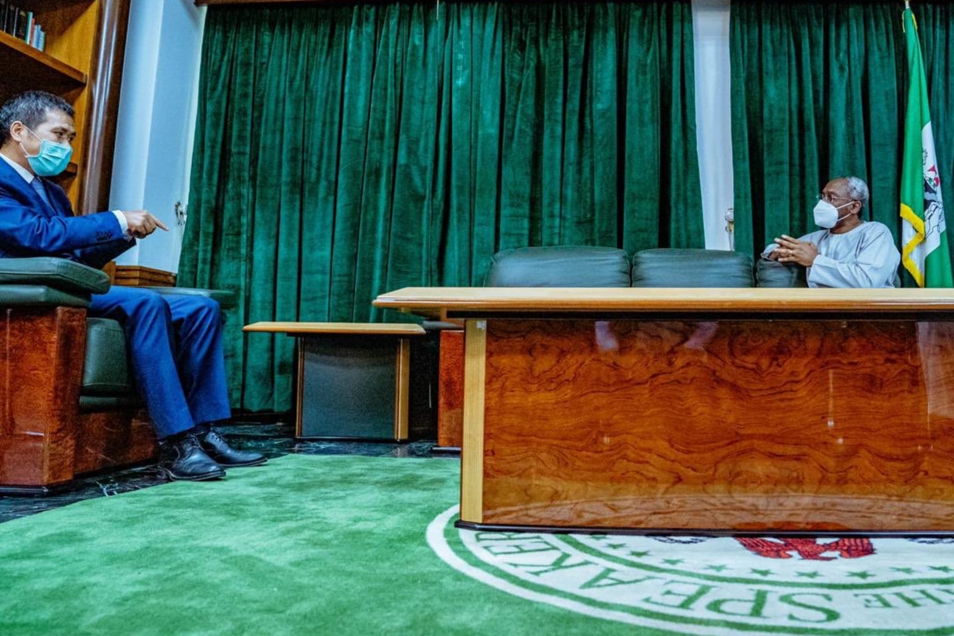 <p>Femi Gbajabiamila, speaker of the Nigerian House of Representatives, meets with Zhou Pingjian, the Chinese ambassador to Nigeria, to discuss the mistreatment of Africans in China, on April 20, Abuja, Nigeria.</p>
