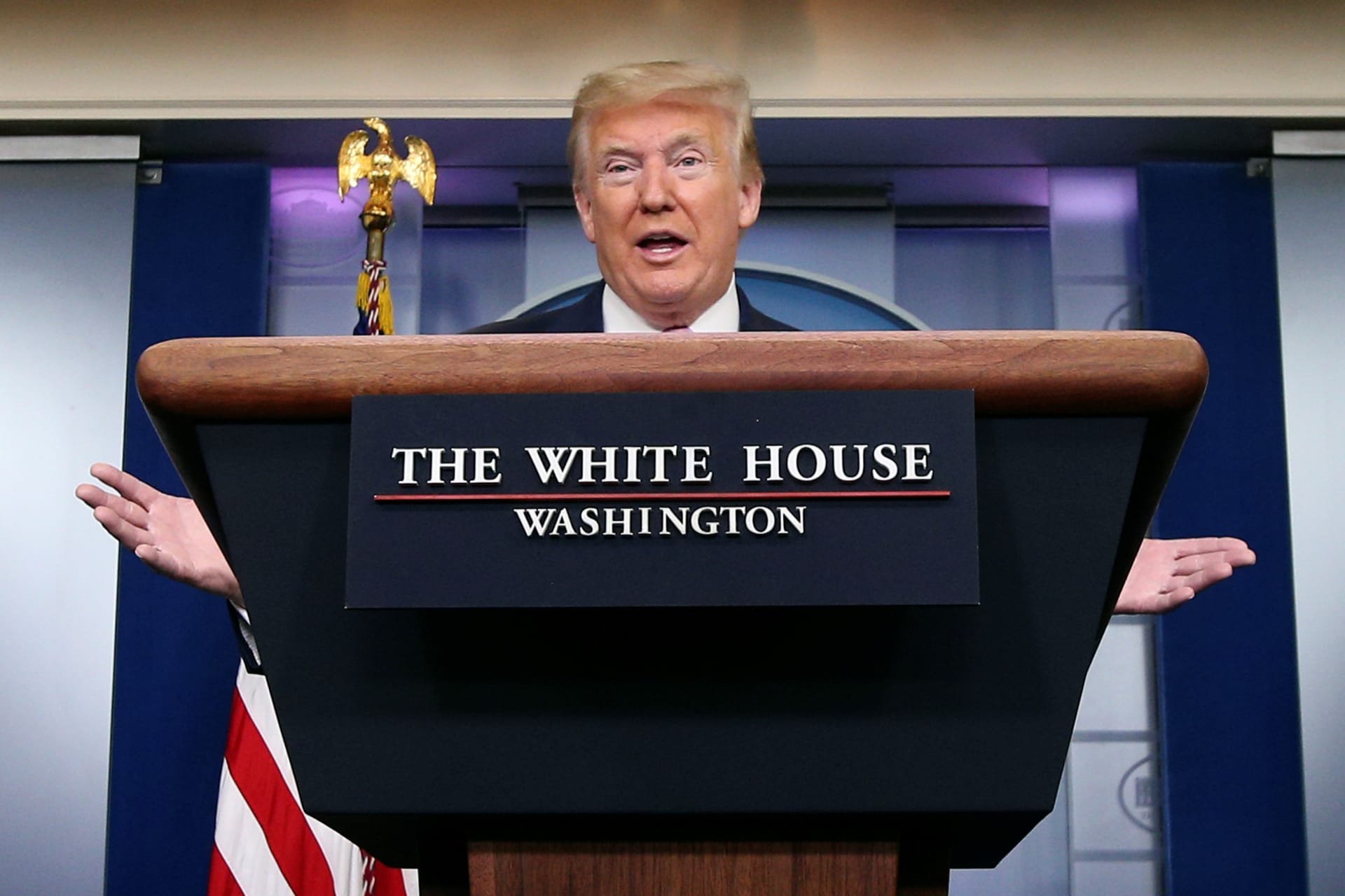 <p>U.S. President Donald J. Trump speaks during the coronavirus response daily briefing at the White House in Washington, DC, on April 10, 2020. </p>
