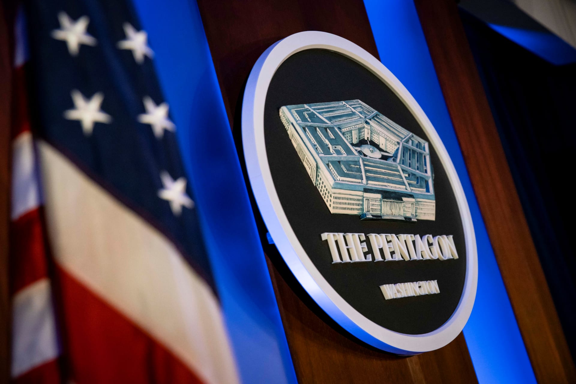 <p>The Pentagon logo is seen behind the podium in the briefing room at the Pentagon in Arlington, Virginia, U.S., January 8, 2020.</p>