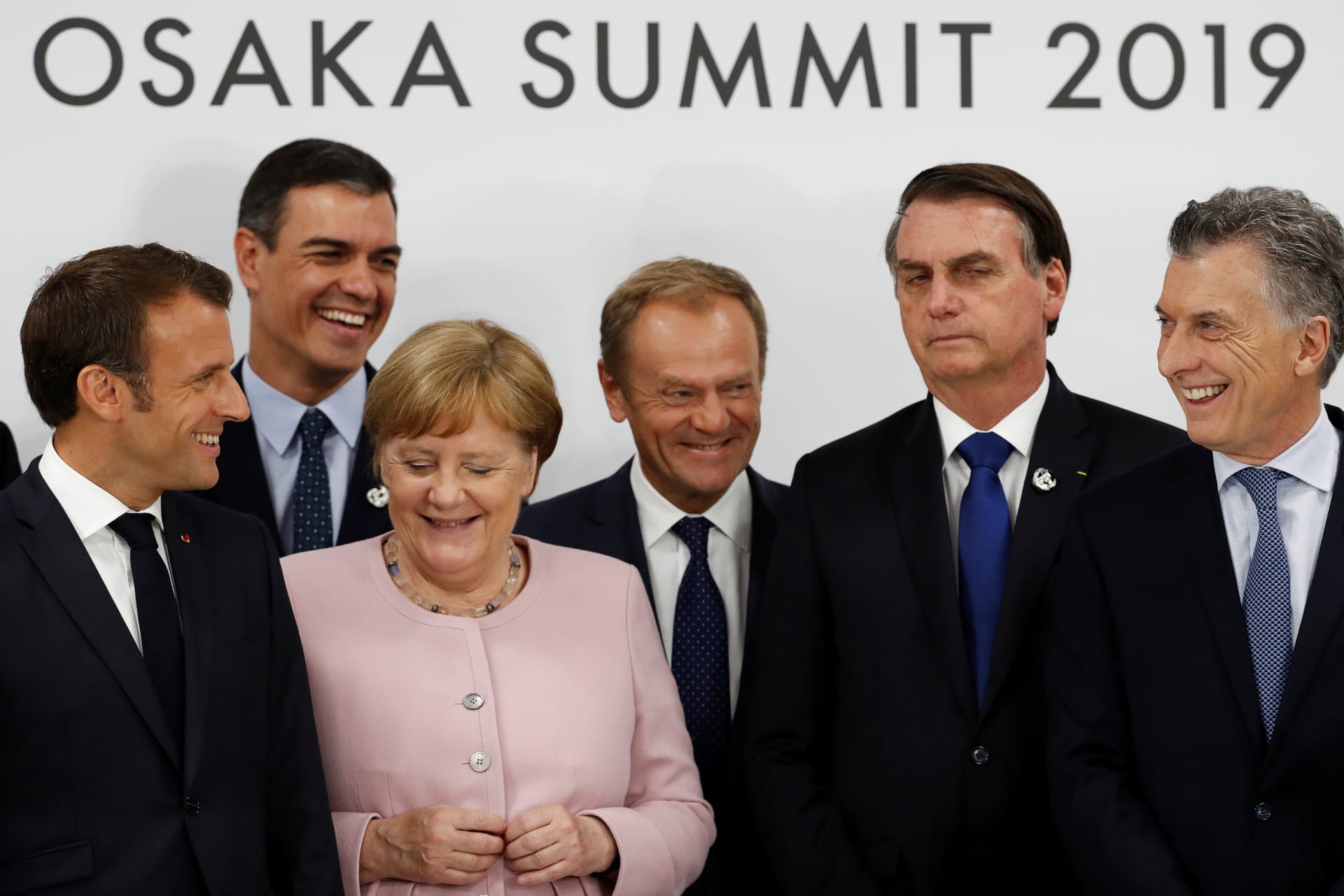 <p>France’s President Emmanuel Macron, Spain’s Prime Minister Pedro Sanchez, Germany’s Chancellor Angela Merkel, European Council President Donald Tusk, Brazil’s President Jair Bolsonaro, and Argentina’s President Mauricio Macri during a news conference.</p>
