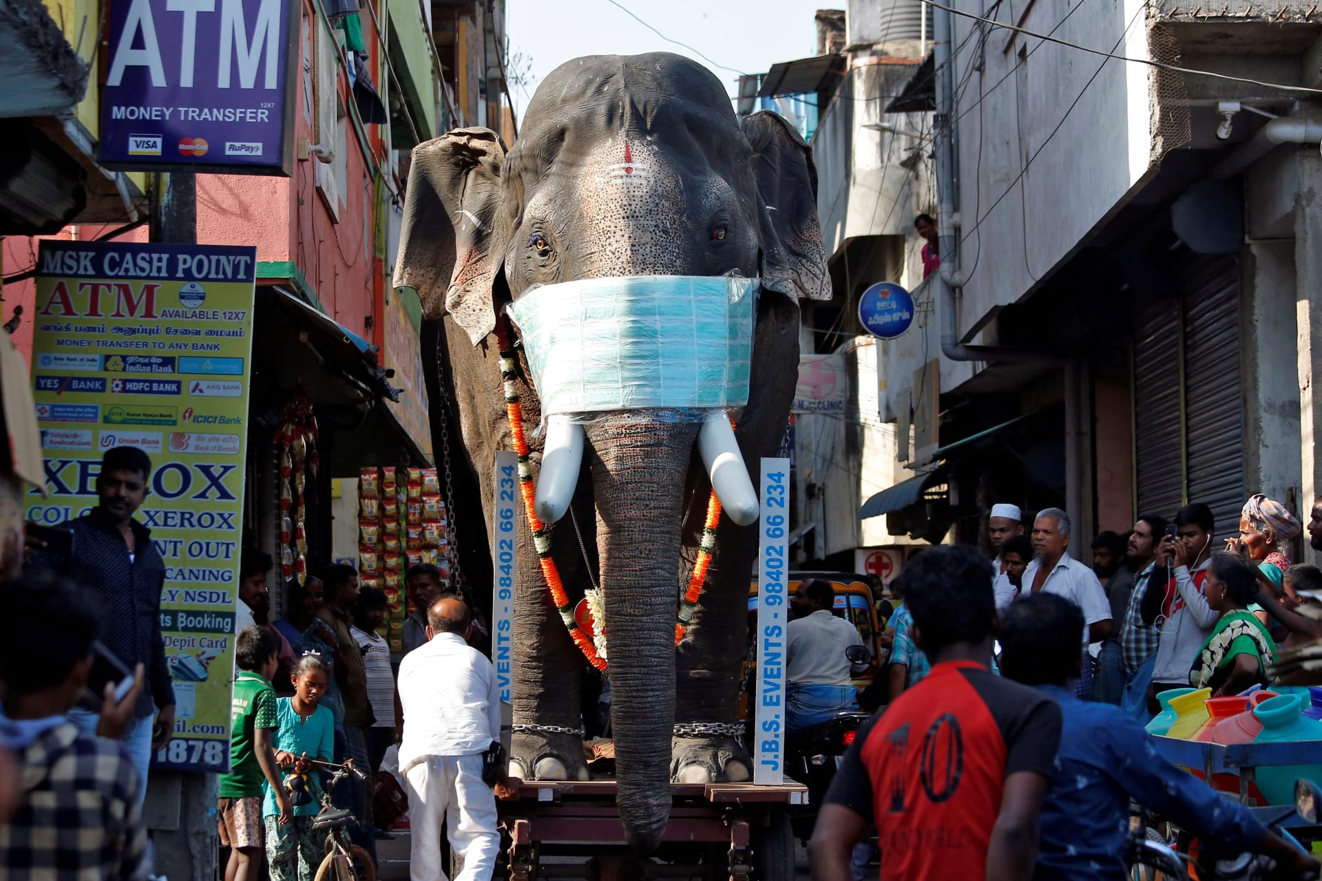 <p>In Chennai, India, health officials roll a well-protected elephant through the streets to raise awareness about coronavirus.</p>

